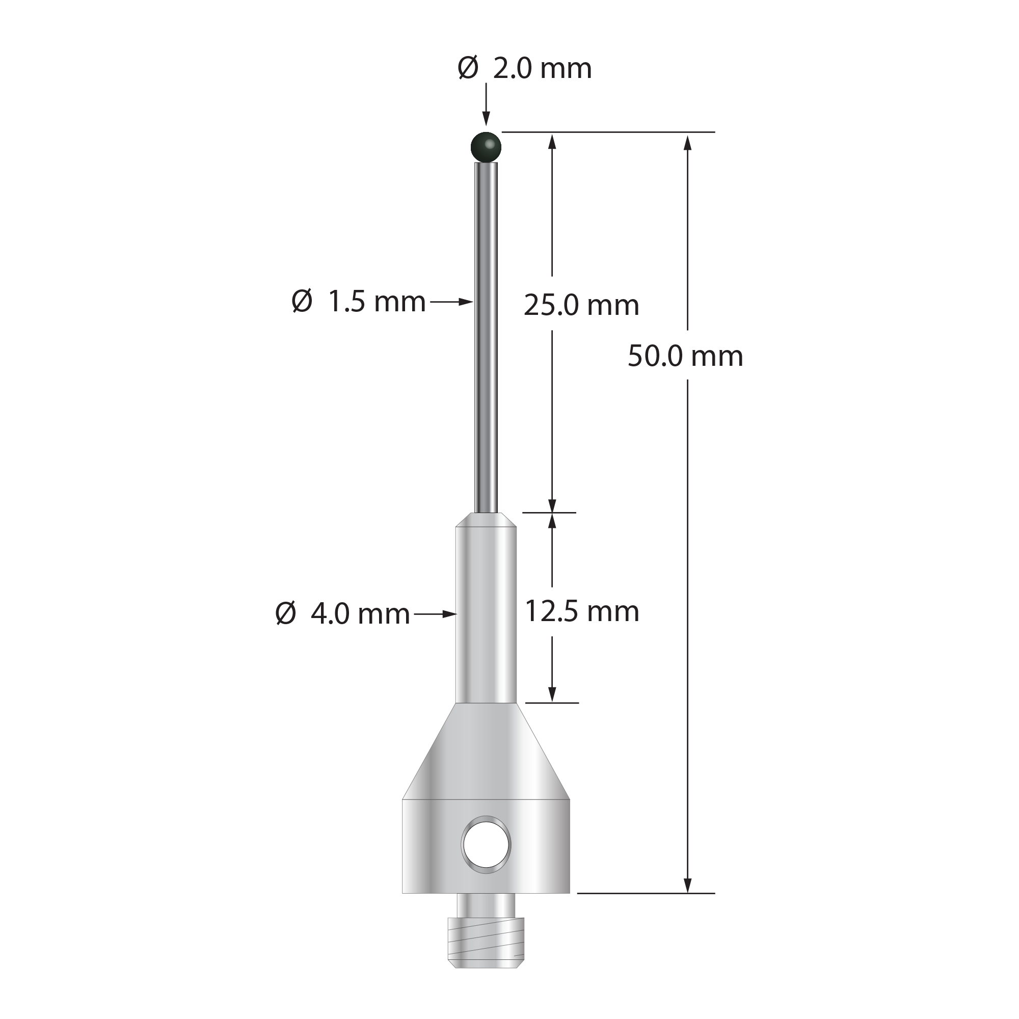 M5 stylus with 2.0 mm diameter silicon nitride ball, 1.5 mm diameter carbide stem, and 11.0 mm diameter by 25.0 mm long tapered stainless steel base. Overall stylus length is 50.0 mm. Stylus weight is 7.64 grams.