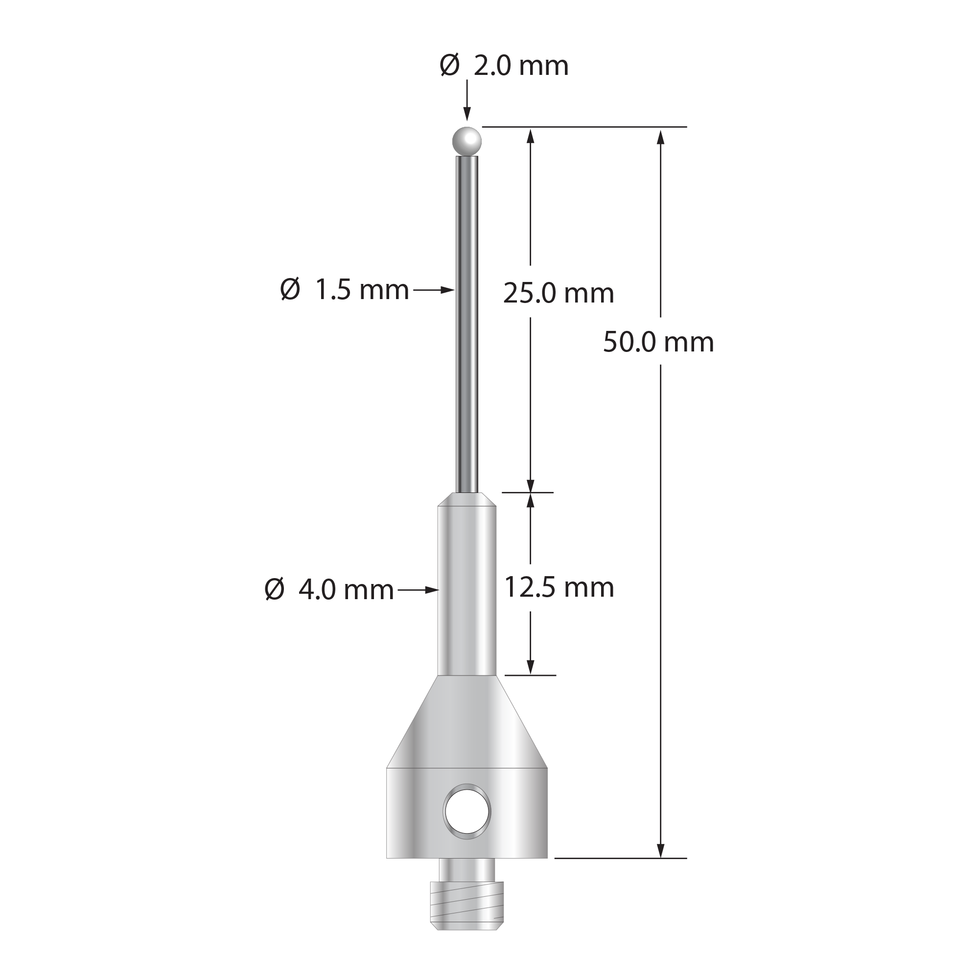 M5 stylus with 2.0 mm diameter zirconia ball, 1.5 mm diameter carbide stem, and 11.0 mm diameter by 25.0 mm long tapered stainless steel base. Overall stylus length is 50.0 mm. Stylus weight is 7.64 grams.