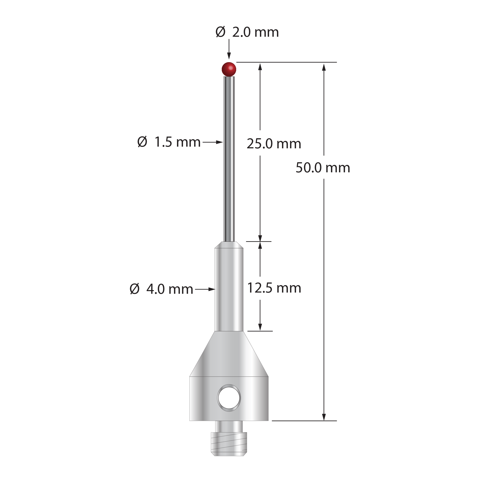 M5 stylus with 2.0 mm diameter ruby ball, 1.5 mm diameter carbide stem, and 11.0 mm diameter by 25.0 mm long tapered stainless steel base. Overall stylus length is 50.0 mm. Stylus weight is 7.64 grams.