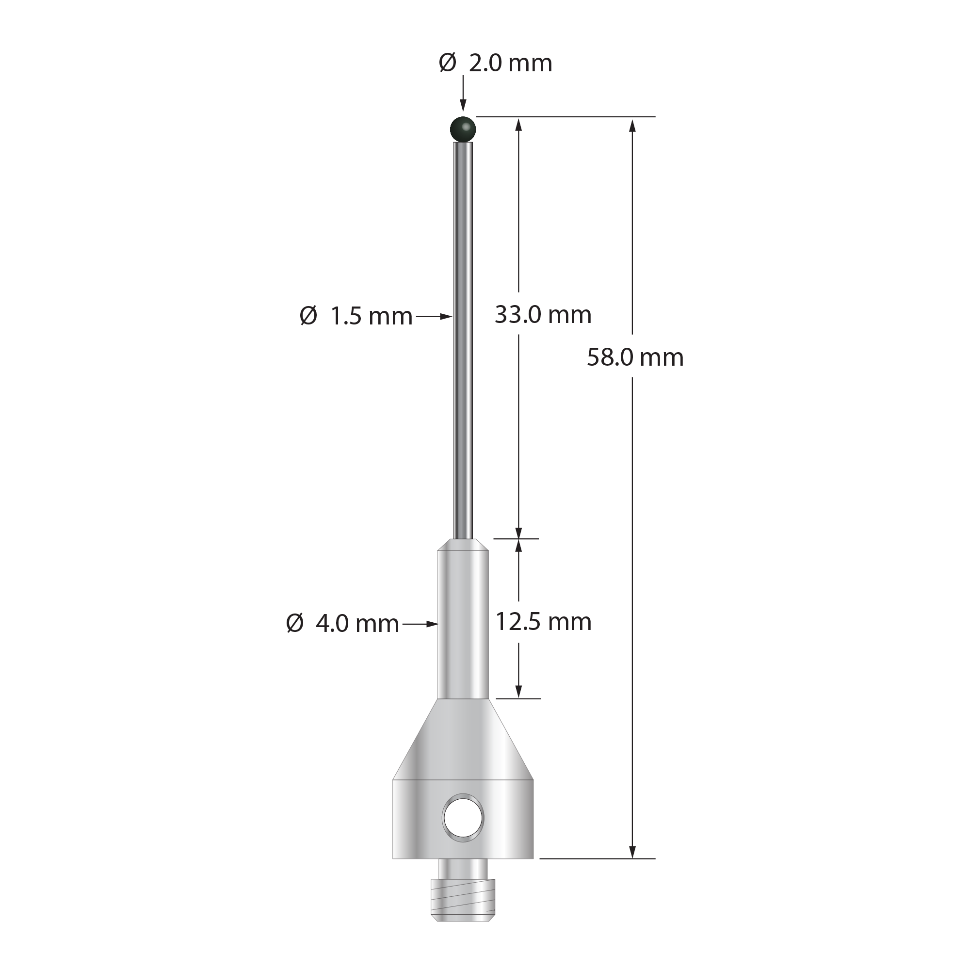 M5 stylus with 2.0 mm diameter silicon nitride ball, 1.5 mm diameter carbide stem, and 11.0 mm diameter by 25.0 mm long tapered stainless steel base. Overall stylus length is 58.0 mm. Stylus weight is 8.22 grams. Compare to Zeiss 626115-0205-058.