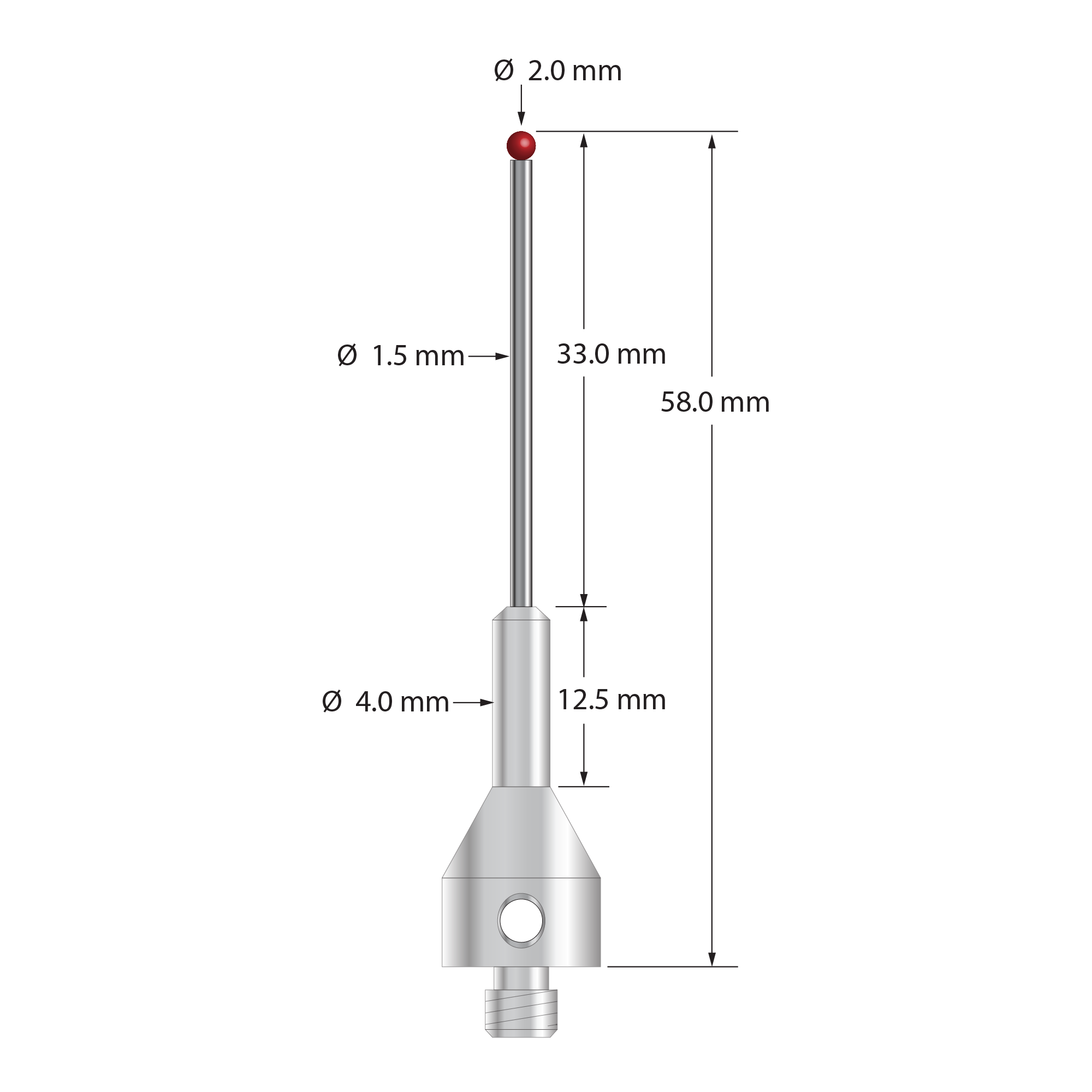 M5 stylus with 2.0 mm diameter ruby ball, 1.5 mm diameter carbide stem, and 11.0 mm diameter by 25.0 mm long tapered stainless steel base. Overall stylus length is 58.0 mm. Stylus weight is 8.22 grams. Compare to Zeiss 602030-8068-000 and 626115-0207-058.