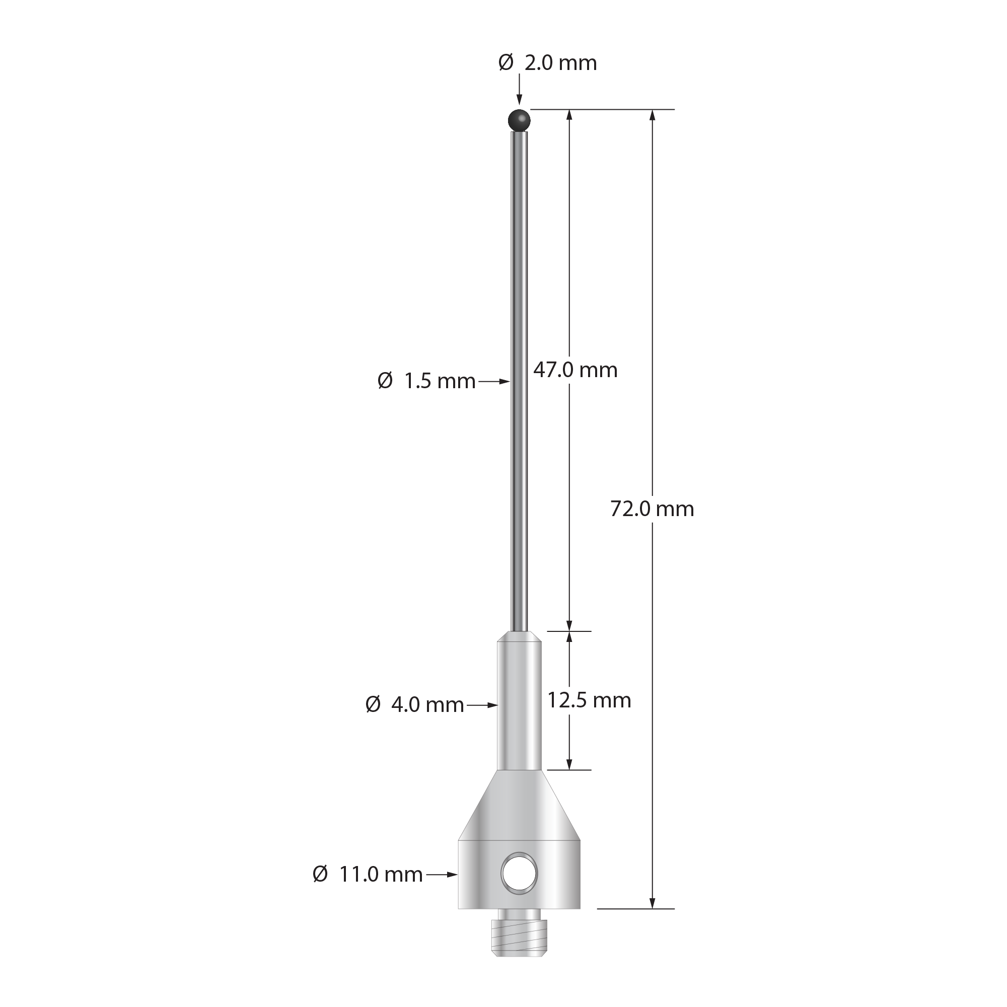 ARG-2072-SN M5 stylus with 2.0mm silicon nitride ball, carbide stem, and stainless steel base, 72.0mm long by Q-Mark Manufacturing, Inc.