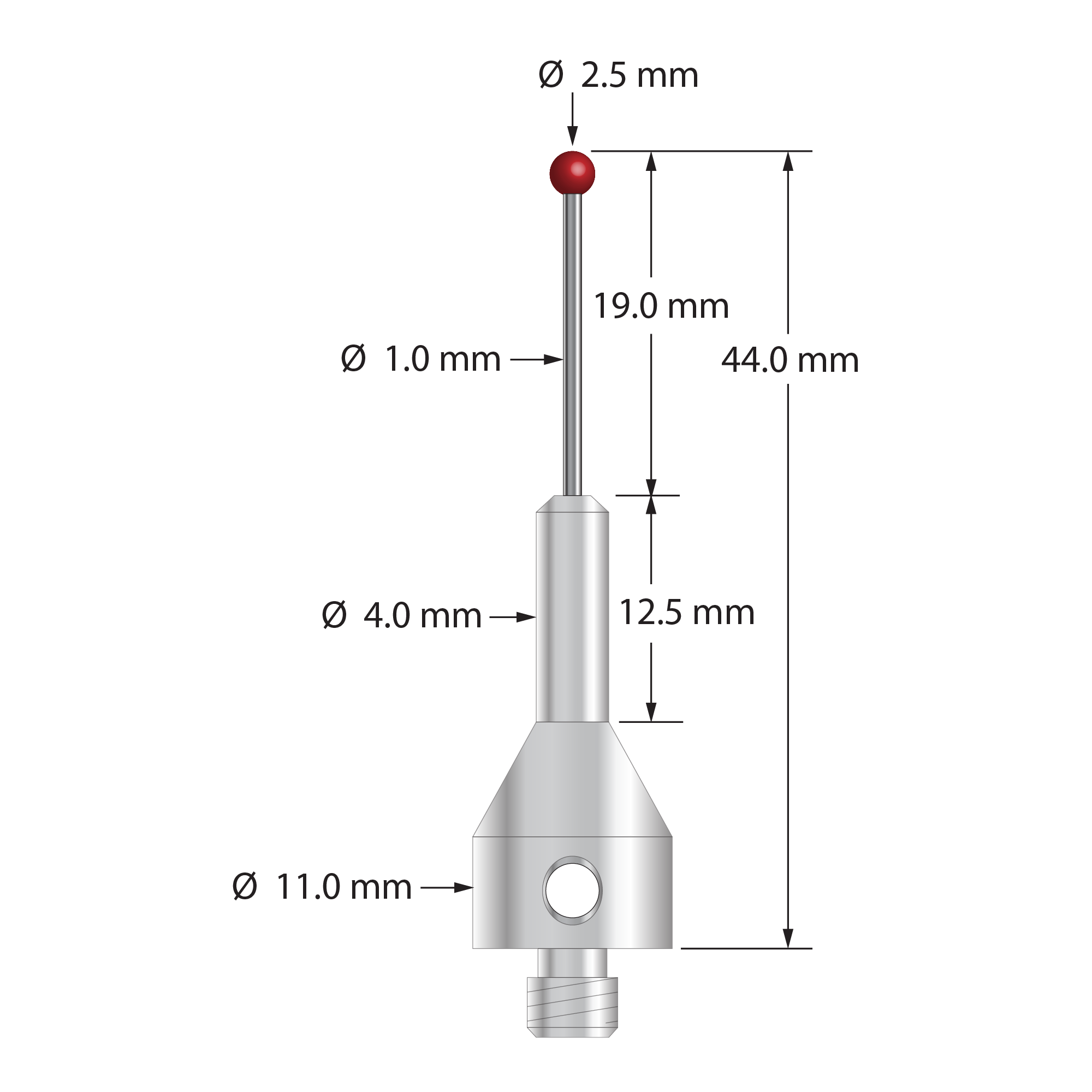ARG-2544-DS1 M5 stylus with 2.5mm ruby ball, carbide stem, and stainless steel base, 44mm long by Q-Mark Manufacturing, Inc.