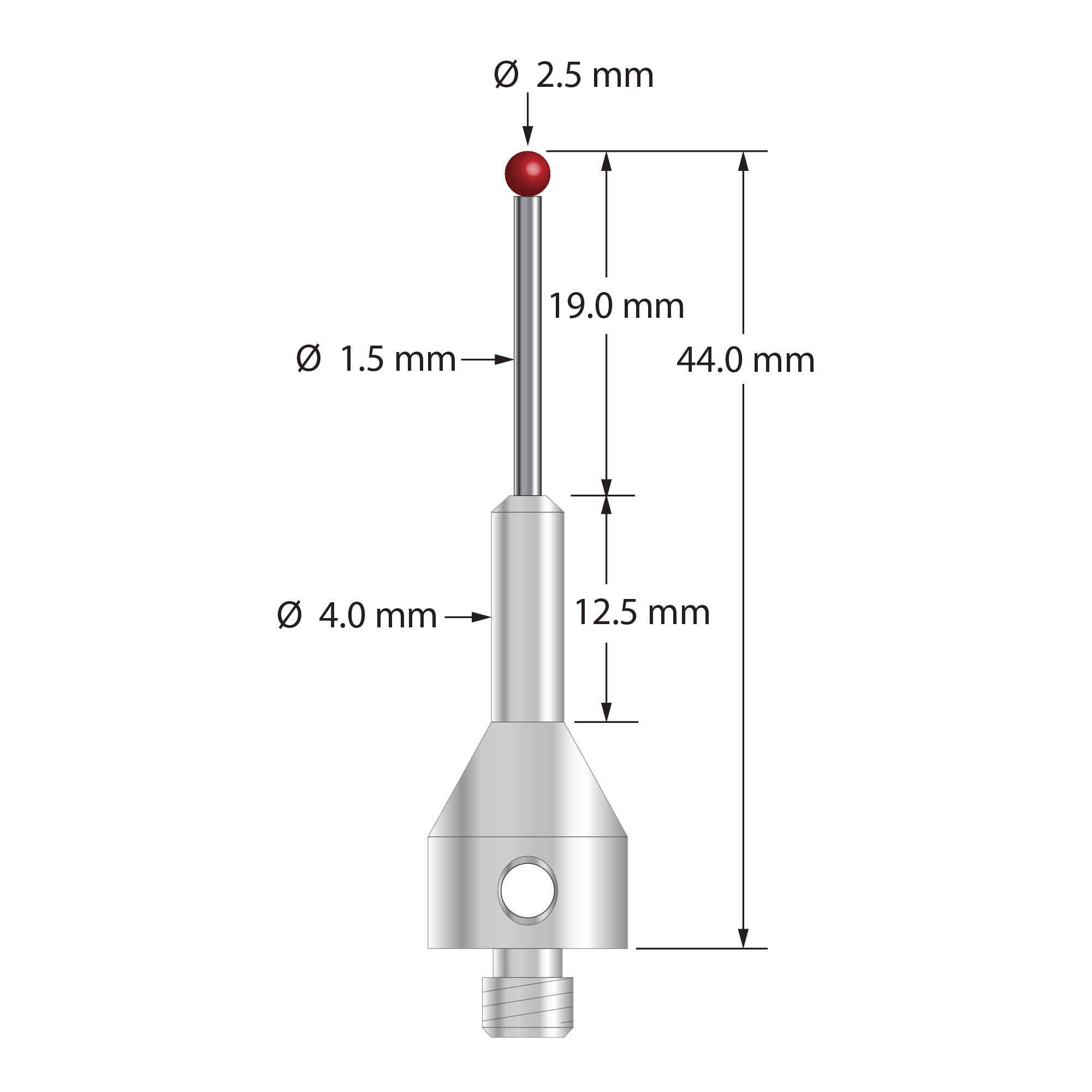 M5 stylus with 2.5 mm ruby ball, 1.5 mm diameter carbide stem, and 11.0 mm diameter by 25.0 mm long tapered stainless steel base. Overall stylus length is 44.0 mm. Stylus weight is 7.69 grams. Compare to Zeiss 602030-8070-000.