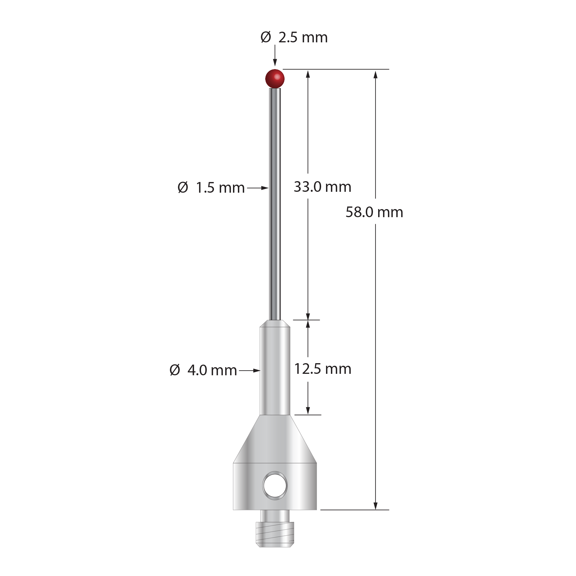 M5 stylus with 2.5 mm diameter ruby ball, 1.5 mm diameter carbide stem, and 11.0 mm diameter by 25.0 mm long tapered stainless steel base. Overall stylus length is 58.0 mm. Stylus weight is 8.28 grams. Compare to Zeiss 602030-8071-000.