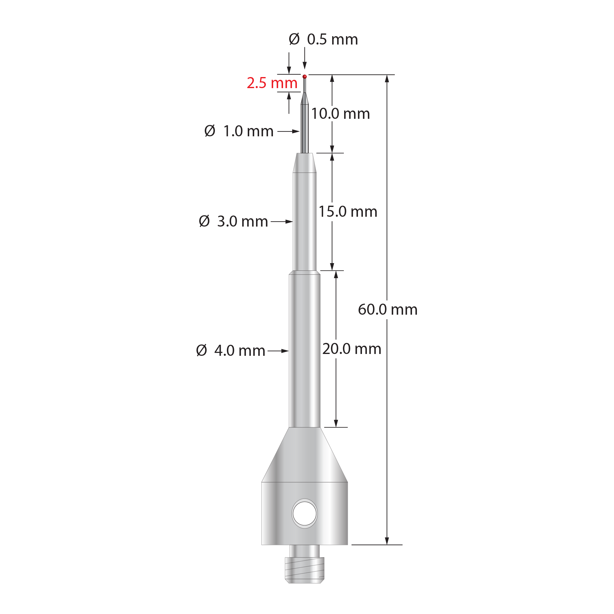 Extra length M5 stylus with 0.3 mm diameter ruby ball, stepped carbide stem, and 11.0 mm diameter by 50.0 mm long stainless steel base. Overall stylus length is 60.0 mm. Stylus weight is 11.13 grams.