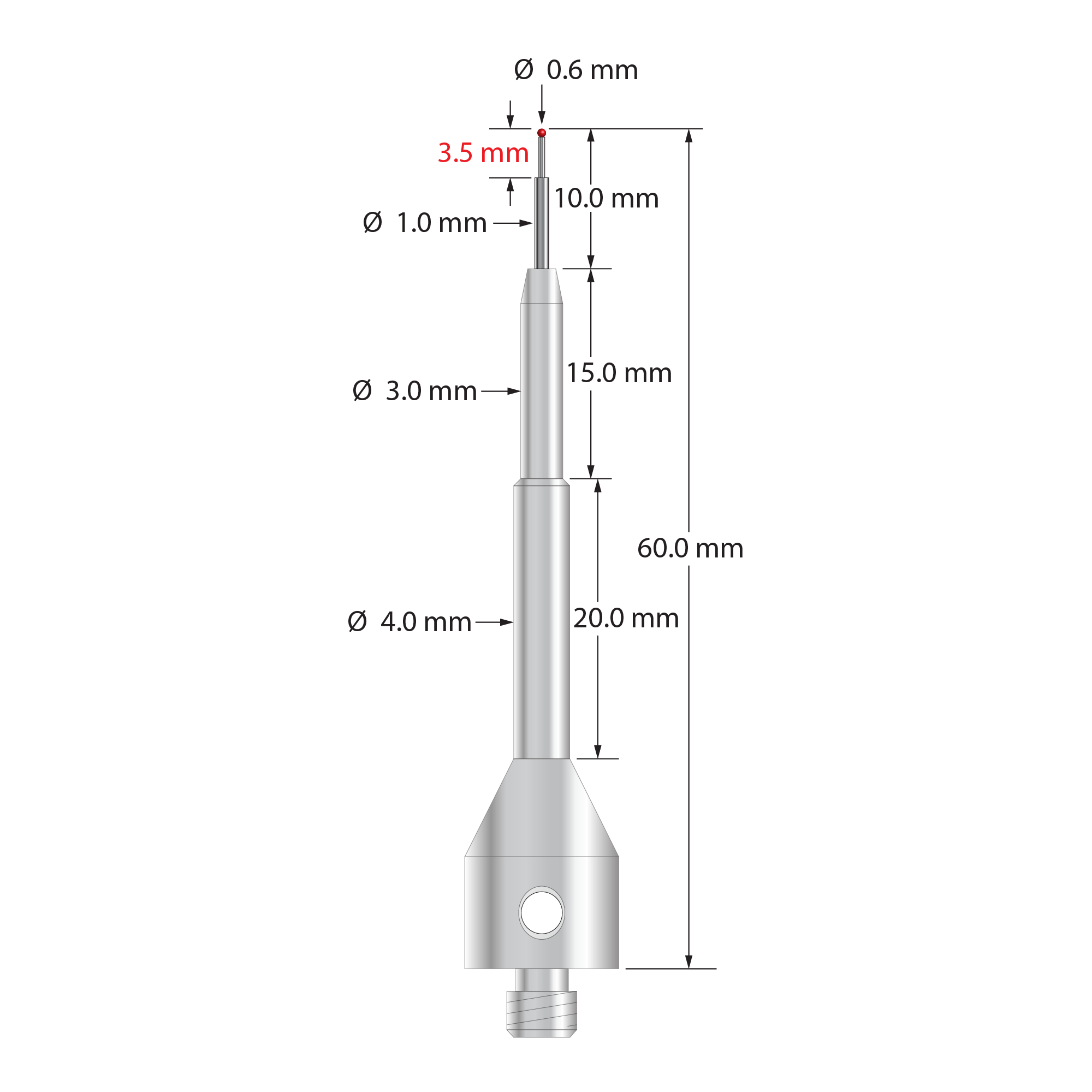 Extra length M5 stylus with 0.6 mm diameter ruby ball, stepped carbide stem, and 11.0 mm diameter by 50.0 mm long stainless steel base. Overall stylus length is 60.0 mm. Stylus weight is 11.13 grams.