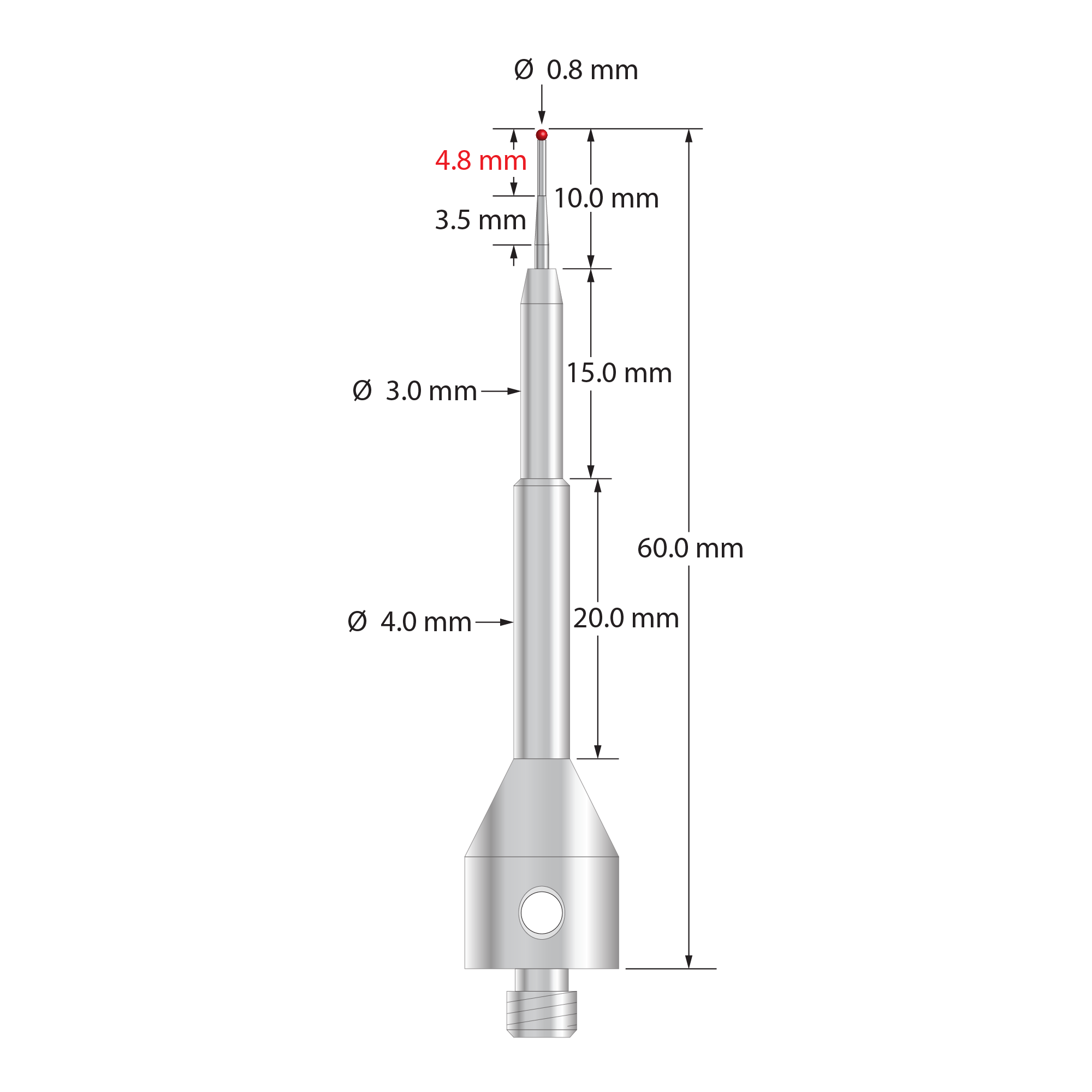 M5 stylus with 0.8 mm diameter ruby ball, tapered carbide stem, and 11.0 mm diameter by 50.0 mm long stainless steel base. Minor diameter of carbide stem is 0.6 mm, major diameter is 1.0 mm. Overall stylus length is 60.0 mm. Stylus weight is 11.16 grams.