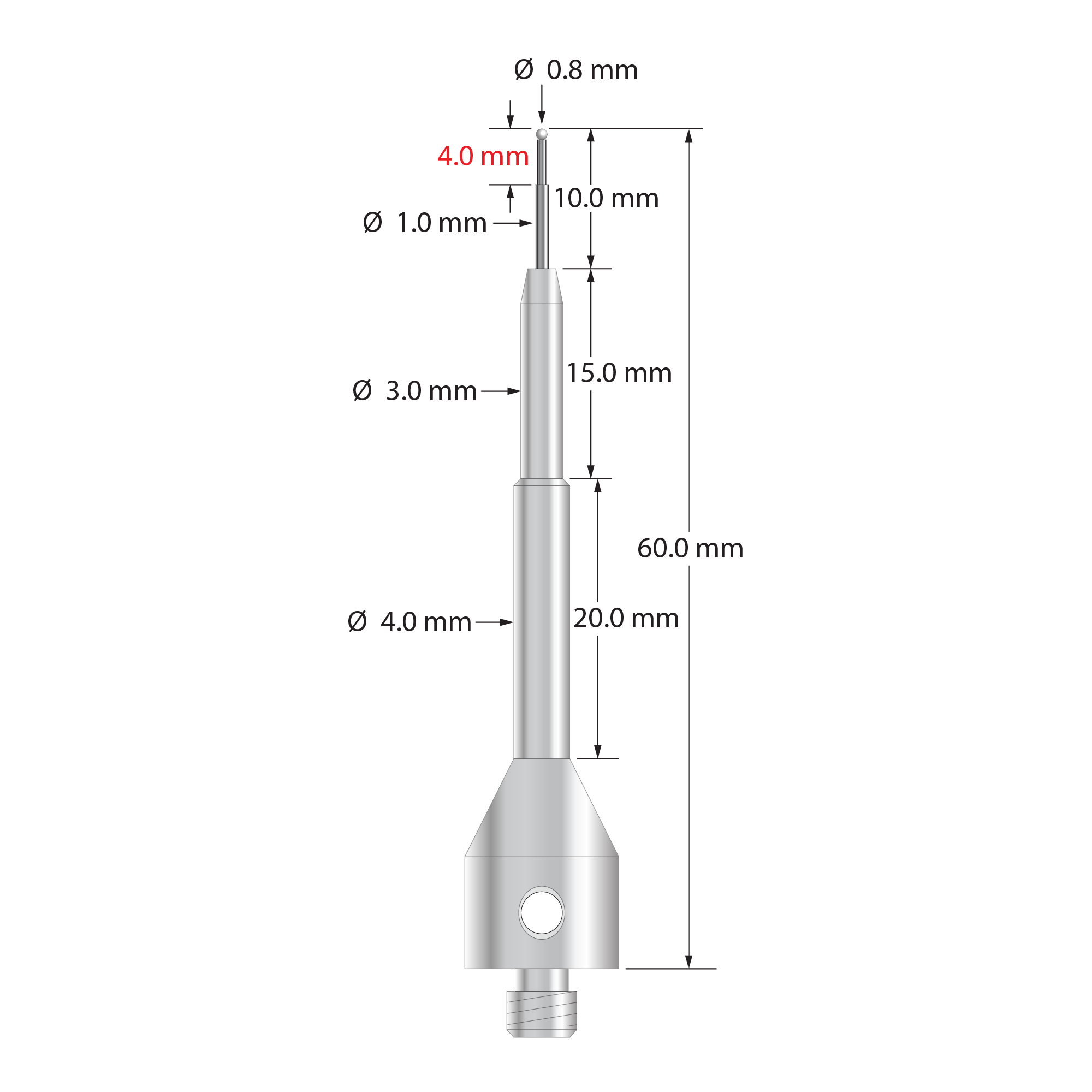 Extra length M5 stylus with 0.8 mm diameter zirconia ball, stepped carbide stem, and 11.0 mm diameter by 50.0 mm long stainless steel base. Overall stylus length is 60.0 mm. Stylus weight is 11.15 grams.