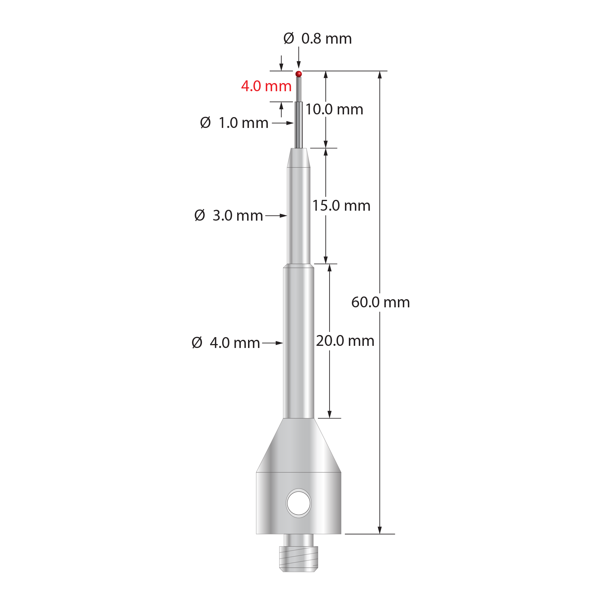 Extra length M5 stylus with 0.8 mm diameter ruby ball, stepped carbide stem, and 11.0 mm diameter by 50.0 mm long stainless steel base. Overall stylus length is 60.0 mm. Stylus weight is 11.15 grams.
