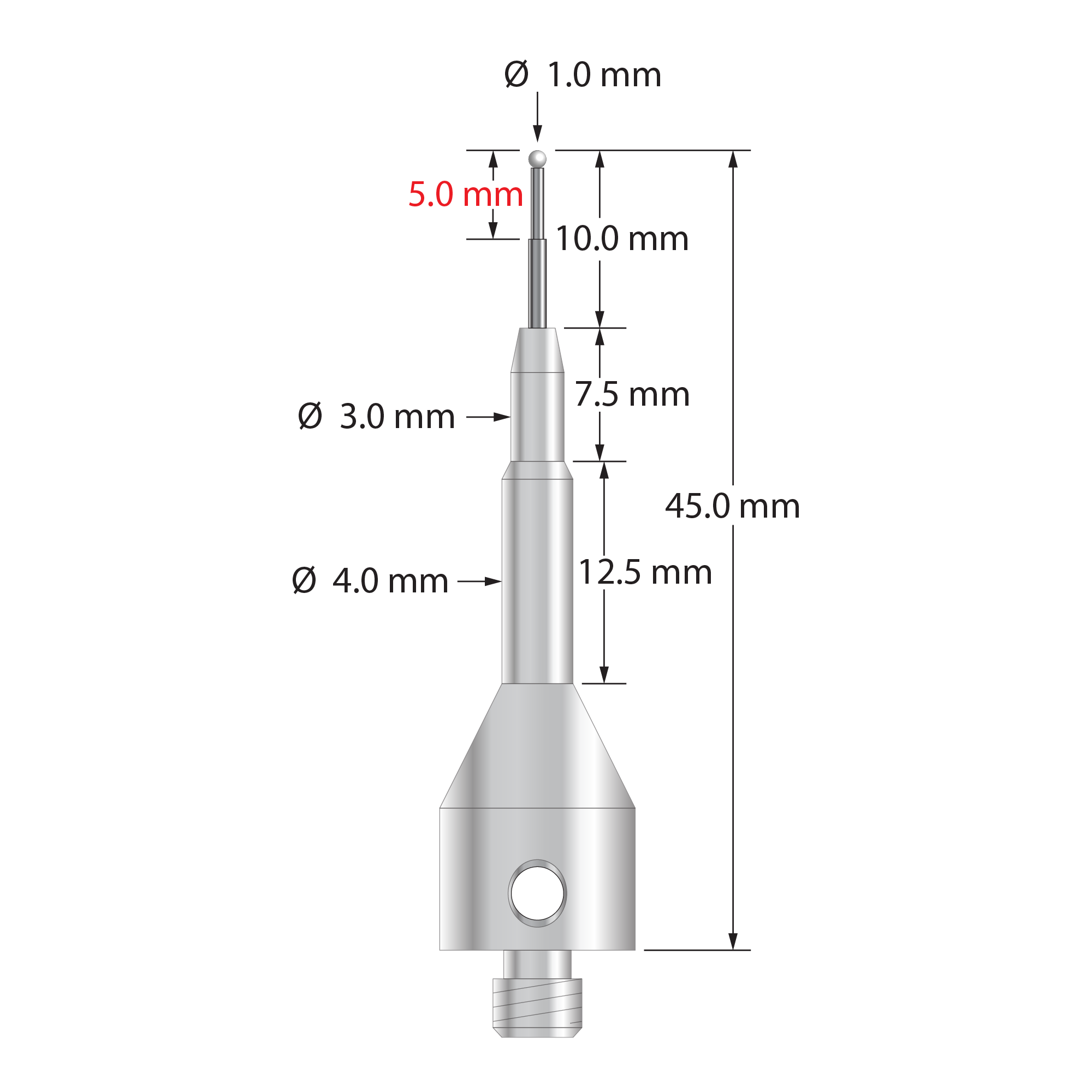 M5 stylus with 1.0 mm diameter zirconia ball, stepped carbide stem, and 11.0 mm diameter by 25.0 mm long stainless steel base. Minor diameter of carbide stem is 0.7 mm, major diameter is 1.0 mm. Overall stylus length is 45.0 mm. Stylus weight is 10.23 grams.