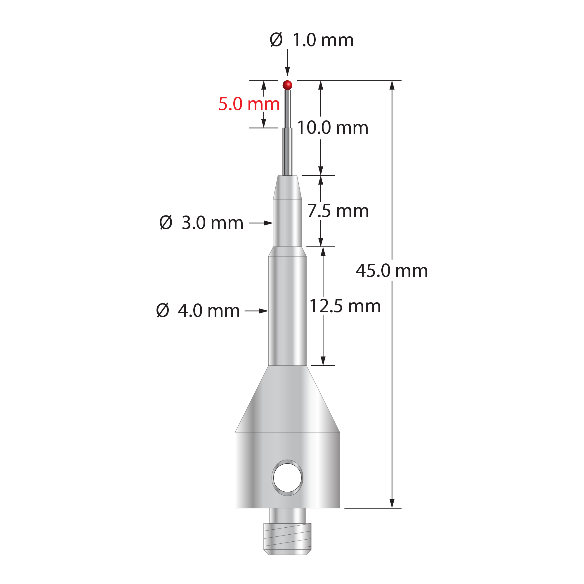 M5 stylus with 1.0 mm diameter ruby ball, stepped carbide stem, and 11.0 mm diameter by 25.0 mm long stainless steel base. Minor diameter of carbide stem is 0.7 mm, major diameter is 1.0 mm. Overall stylus length is 45.0 mm. Stylus weight is 10.23 grams.