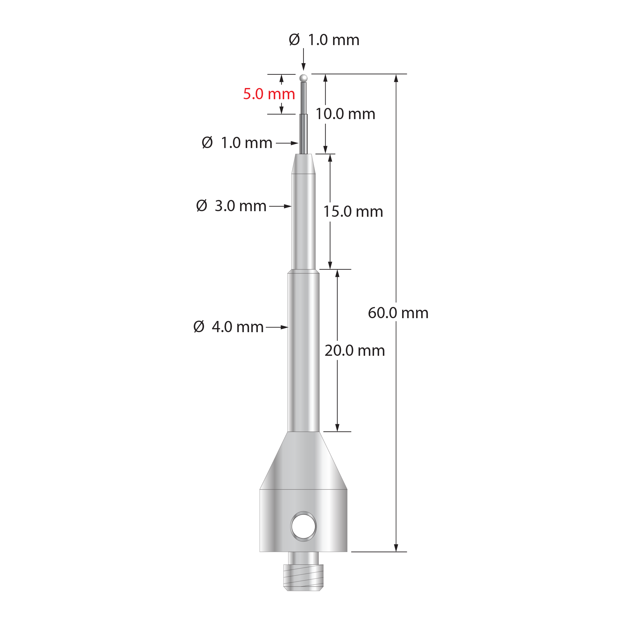 Extra length M5 stylus with 1.0 mm diameter silicon nitride ball, stepped carbide stem, and 11.0 mm diameter by 50.0 mm long stainless steel base. Overall stylus length is 60.0 mm. Stylus weight is 11.21 grams.