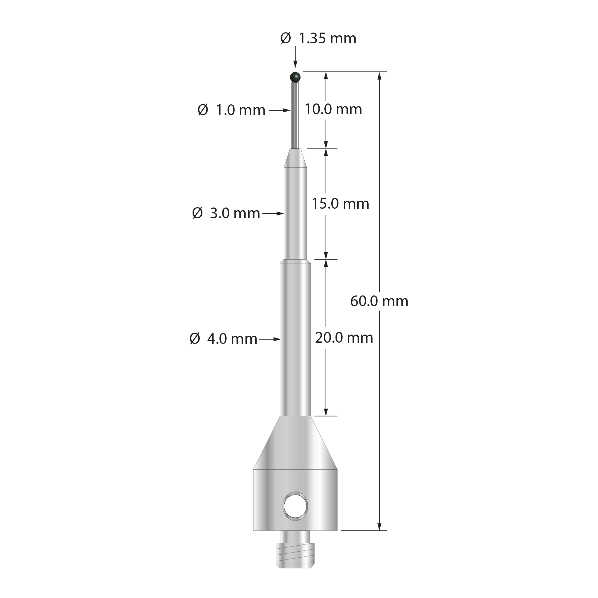 M5 stylus with 1.35 mm diameter silicon nitride ball, 1.0 mm diameter carbide stem, and 11.0 mm diameter by 50.0 mm long stainless steel base. Overall stylus length is 60.0 mm. Stylus weight is 11.20 grams.