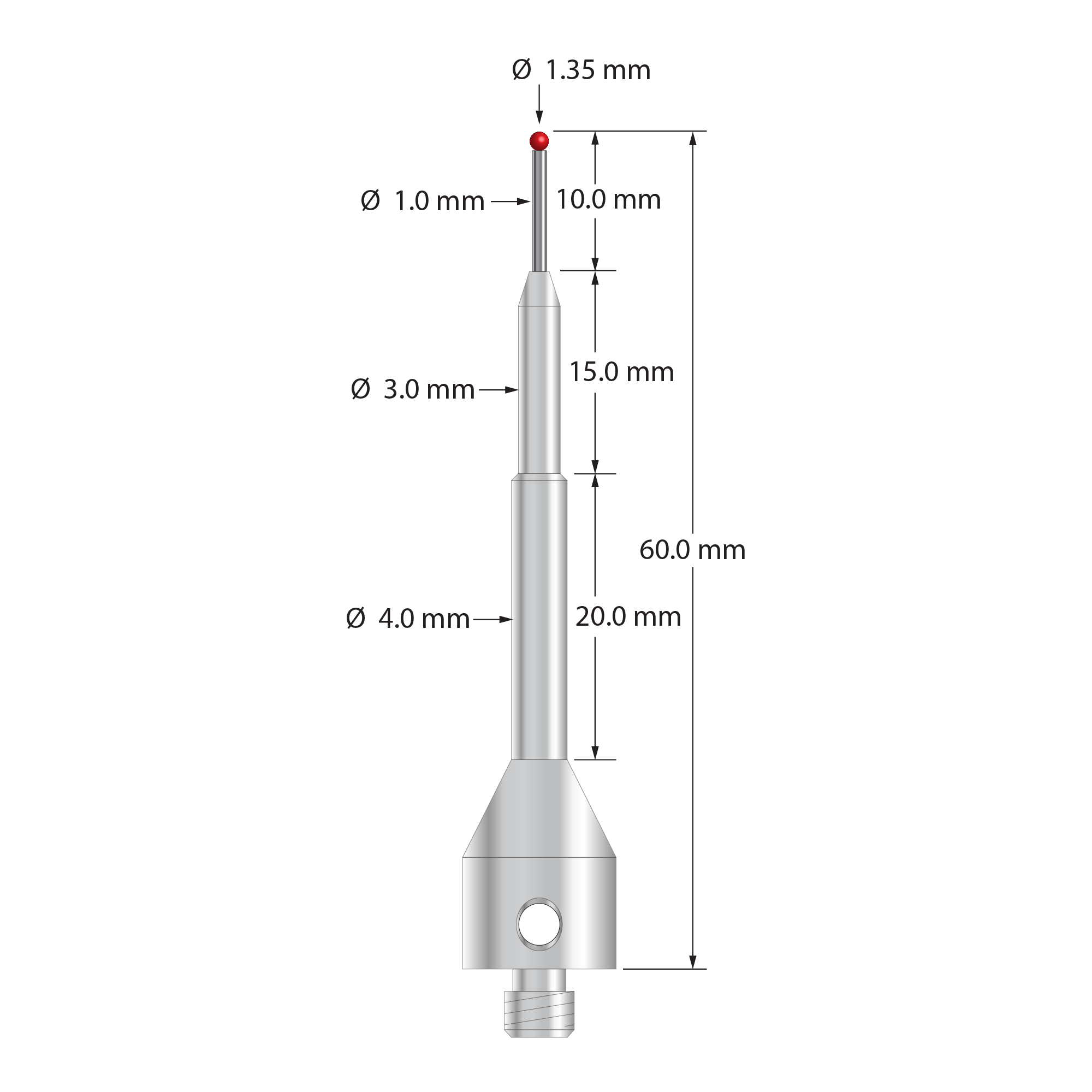 M5 stylus with 1.35 mm diameter ruby ball, 1.0 mm diameter carbide stem, and 11.0 mm diameter by 50.0 mm long stainless steel base. Overall stylus length is 60.0 mm. Stylus weight is 11.20 grams.