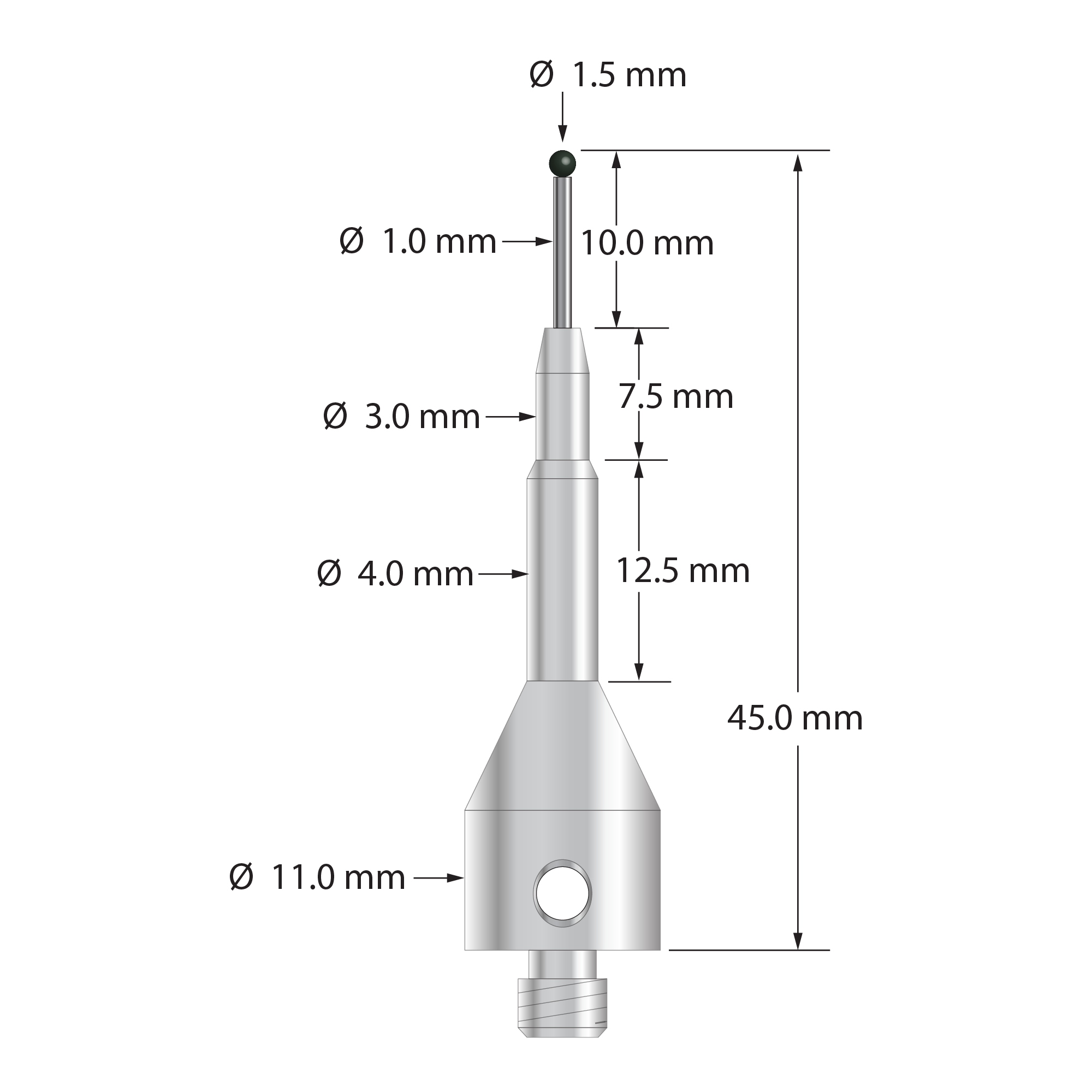M5 stylus with 1.5 mm diameter silicon nitride ball, 1.0 mm diameter carbide stem, and 11.0 mm diameter by 35.0 mm long tapered stainless steel base. Overall stylus length is 45.0 mm. Stylus weight is 10.25 grams.