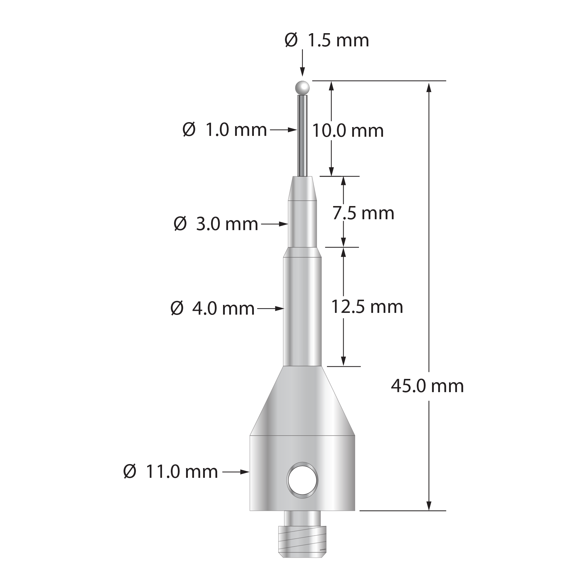 M5 stylus with 1.5 mm diameter zirconia ball, 1.0 mm diameter carbide stem, and 11.0 mm diameter by 35.0 mm long tapered stainless steel base. Overall stylus length is 45.0 mm. Stylus weight is 10.25 grams.