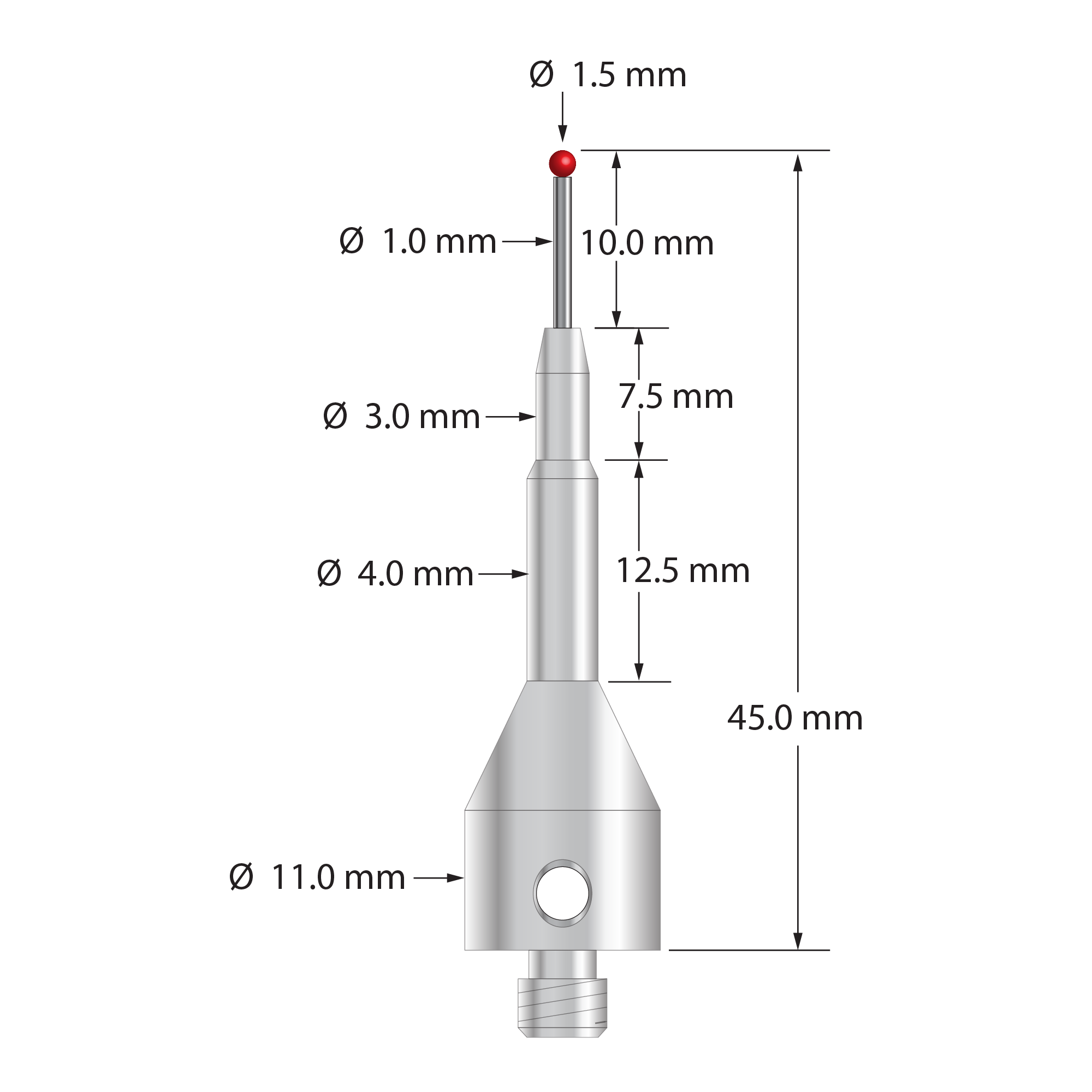 M5 stylus with 1.5 mm diameter ruby ball, 1.0 mm diameter carbide stem, and 11.0 mm diameter by 35.0 mm long tapered stainless steel base. Overall stylus length is 45.0 mm. Stylus weight is 10.25 grams.