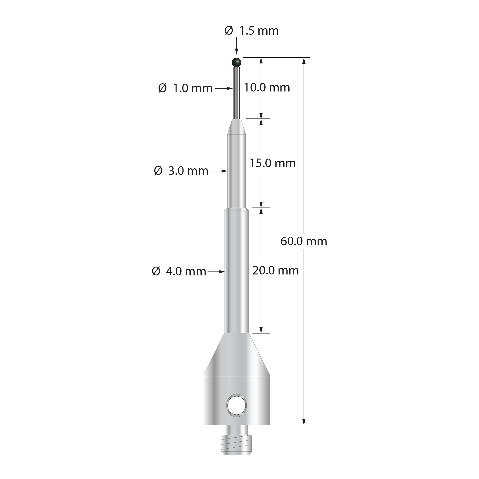 Extra length M5 stylus with 1.5 mm diameter silicon nitride ball, 1.0 mm diameter carbide stem, and 11.0 mm diameter by 50.0 mm long stainless steel base. Overall stylus length is 60.0 mm. Stylus weight is 11.21 grams.
