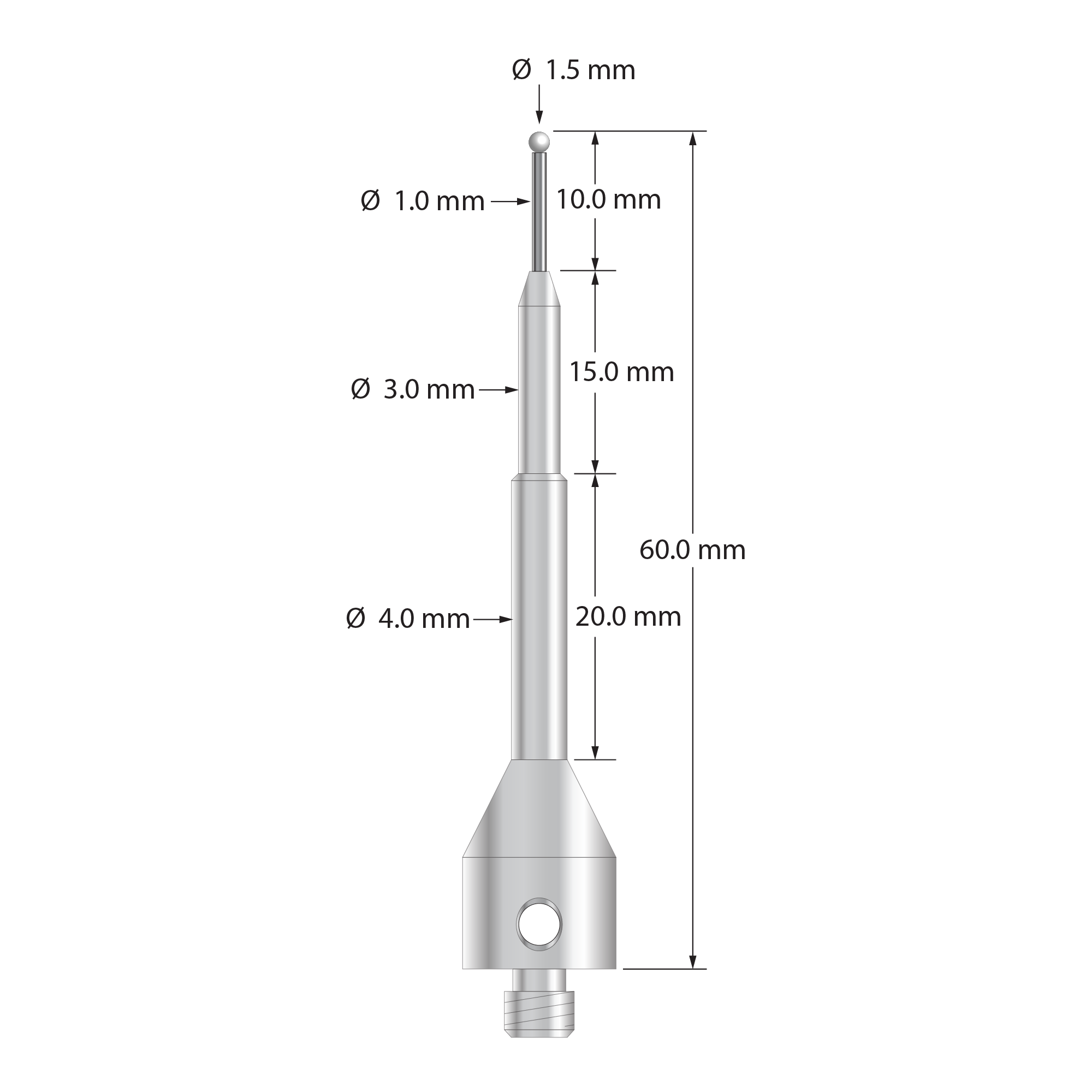 Extra length M5 stylus with 1.5 mm diameter zirconia ball, 1.0 mm diameter carbide stem, and 11.0 mm diameter by 50.0 mm long stainless steel base. Overall stylus length is 60.0 mm. Stylus weight is 11.21 grams.