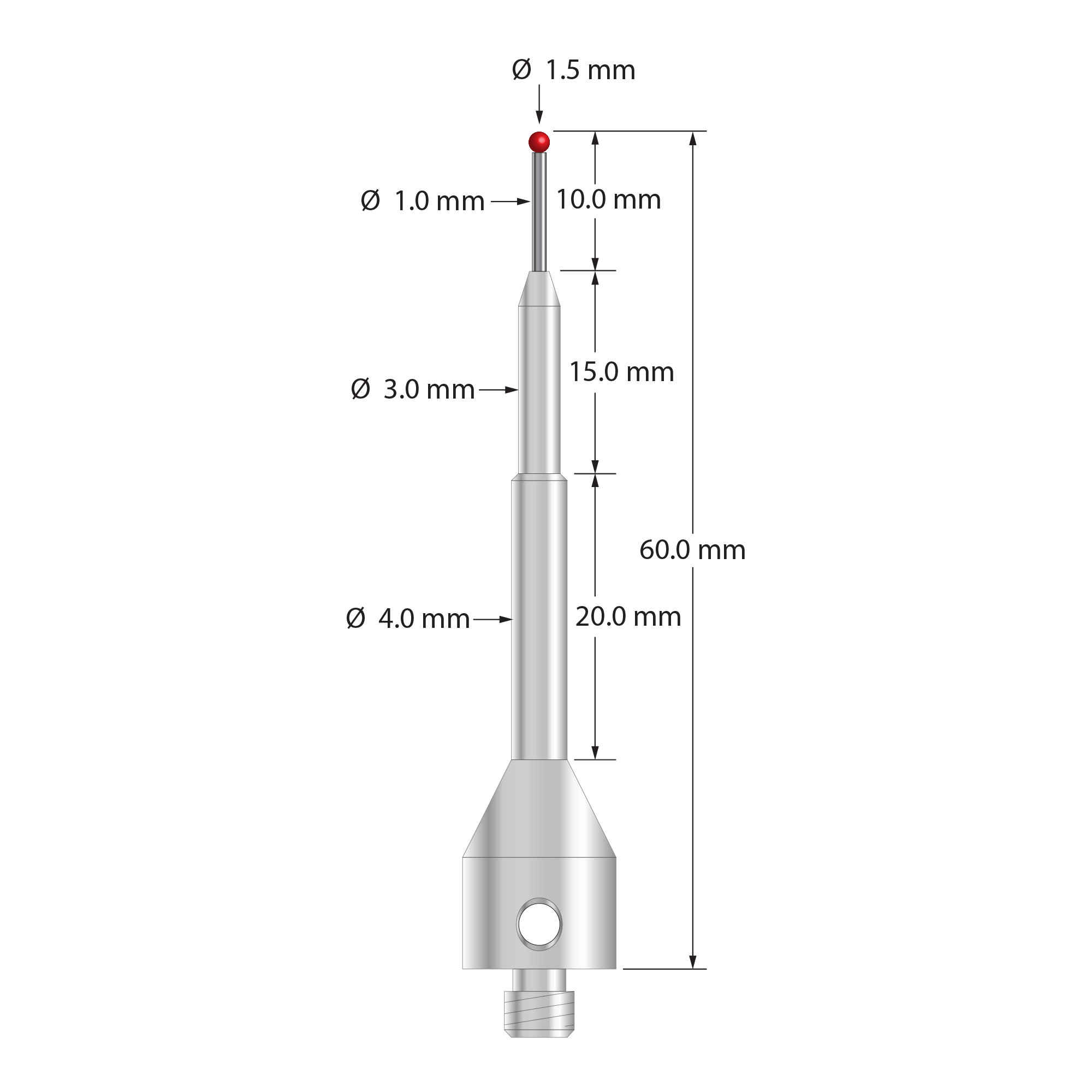 Extra length M5 stylus with 1.5 mm diameter ruby ball, 1.0 mm diameter carbide stem, and 11.0 mm diameter by 50.0 mm long stainless steel base. Overall stylus length is 60.0 mm. Stylus weight is 11.21 grams.