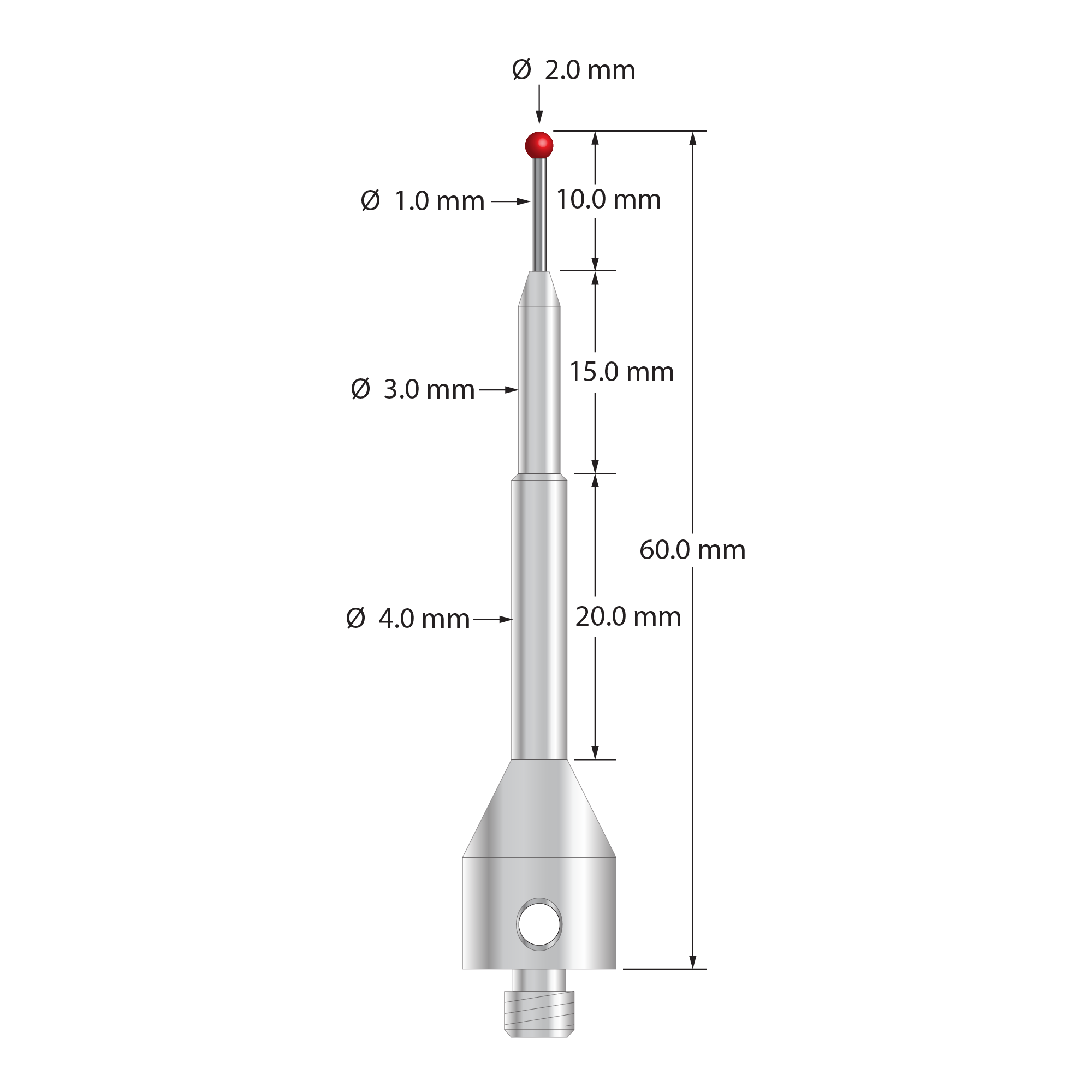 M5 stylus with 2.0 mm diameter ruby ball, 1.0 mm diameter carbide stem, and 11.0 mm diameter by 50.0 mm long stainless steel base. Overall stylus length is 60.0 mm. Stylus weight is 11.21 grams.