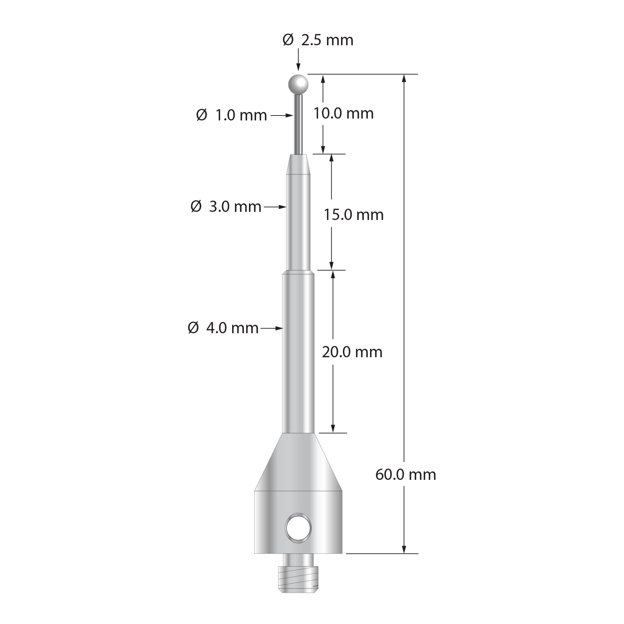 M5 stylus with 2.5 mm diameter zirconia ball, 1.0 mm diameter carbide stem, and 11.0 mm diameter by 50.0 mm long stainless steel base. Overall stylus length is 60.0 mm. Stylus weight is 11.22 grams.