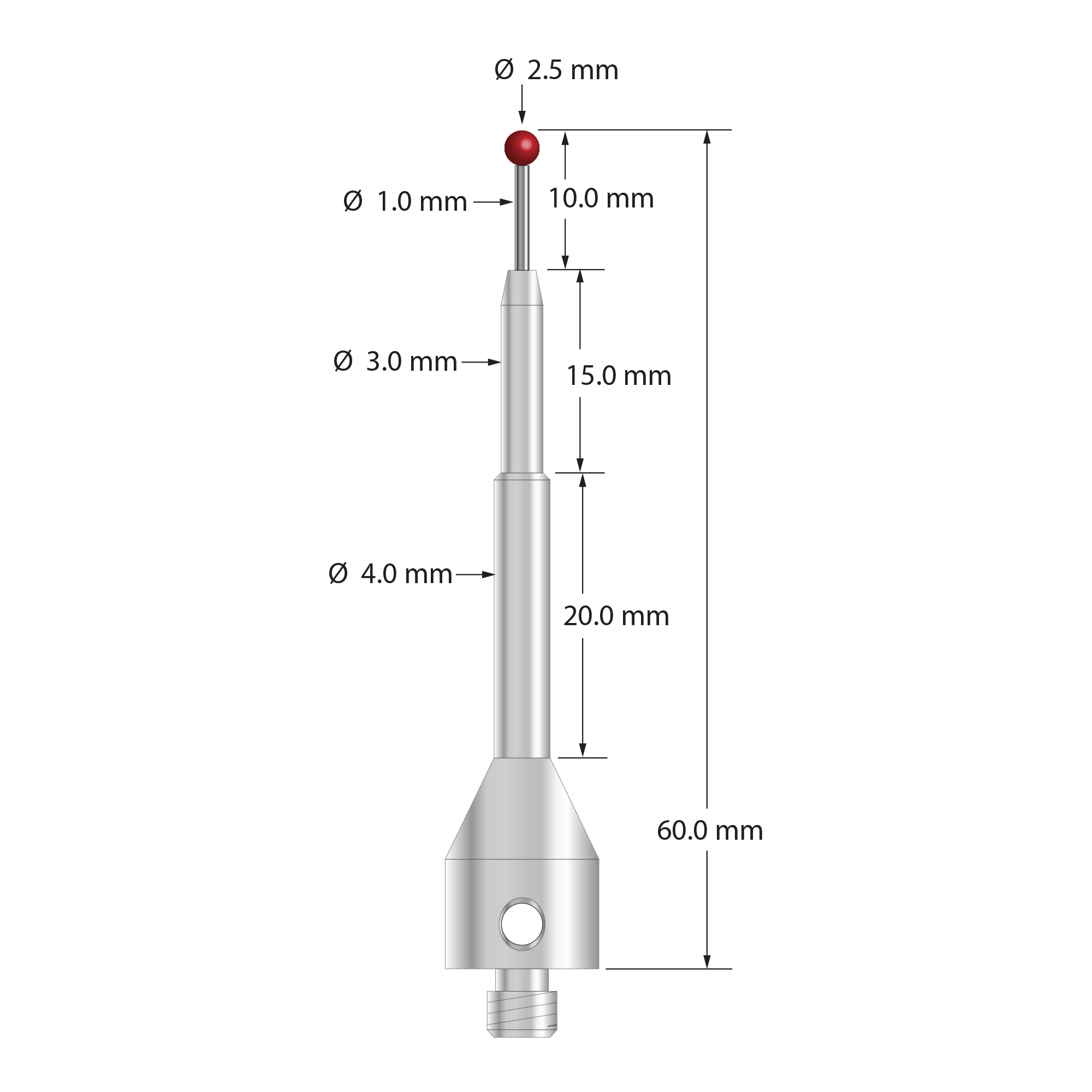 M5 stylus with 2.5 mm diameter ruby ball, 1.0 mm diameter carbide stem, and 11.0 mm diameter by 50.0 mm long stainless steel base. Overall stylus length is 60.0 mm. Stylus weight is 11.22 grams.