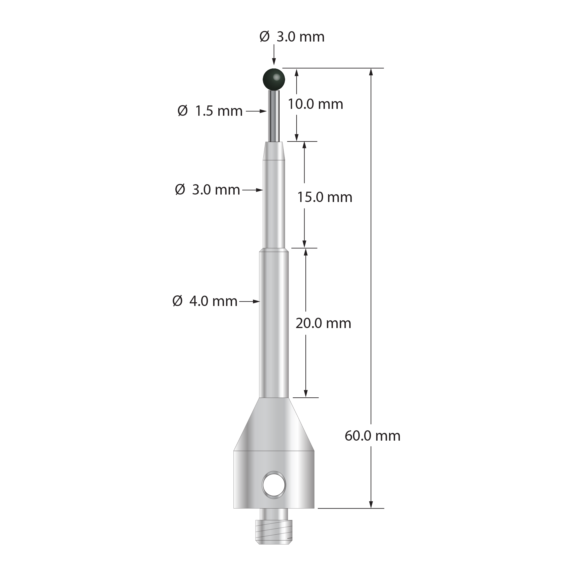 M5 stylus with 3.0 mm diameter silicon nitride ball, 1.5 mm diameter carbide stem, and 11.0 mm diameter by 50.0 mm long stainless steel base. Overall stylus length is 60.0 mm. Stylus weight is 11.36 grams.