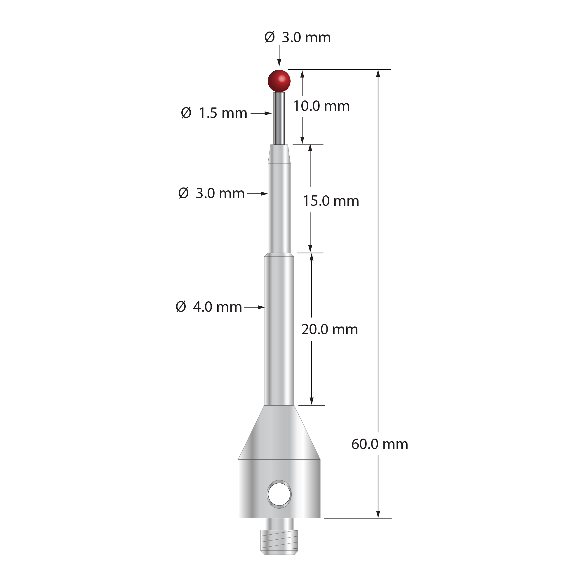 M5 stylus with 3.0 mm diameter ruby ball, 1.5 mm diameter carbide stem, and 11.0 mm diameter by 50.0 mm long stainless steel base. Overall stylus length is 60.0 mm. Stylus weight is 11.36 grams.