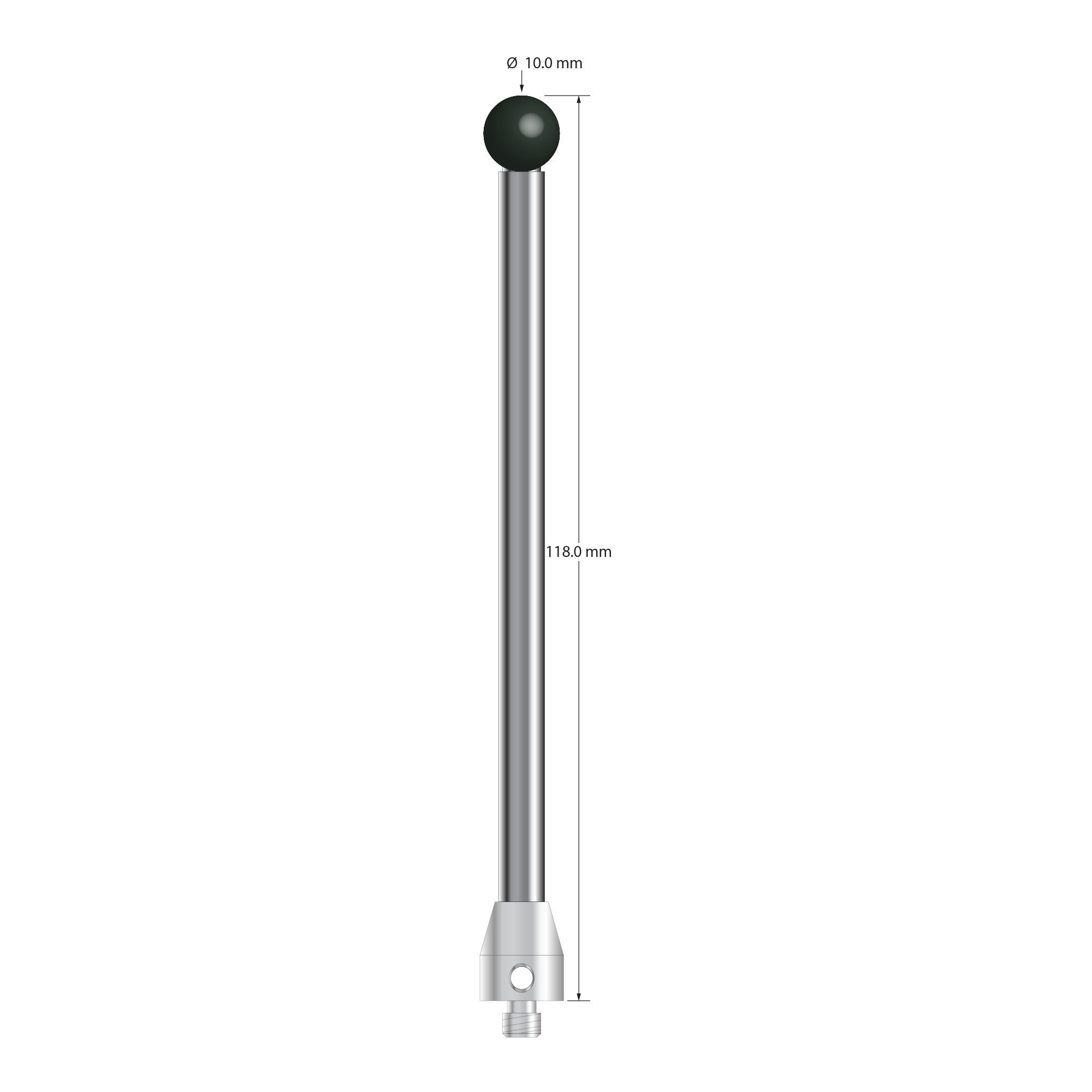 M5 stylus with 10.0 mm diameter silicon nitride ball, 6.0 mm diameter carbide stem, and 11.0 mm diameter x 13.0 mm long stainless steel base. Overall stylus length is 118.0 mm. Stylus weight is 48.94 grams.