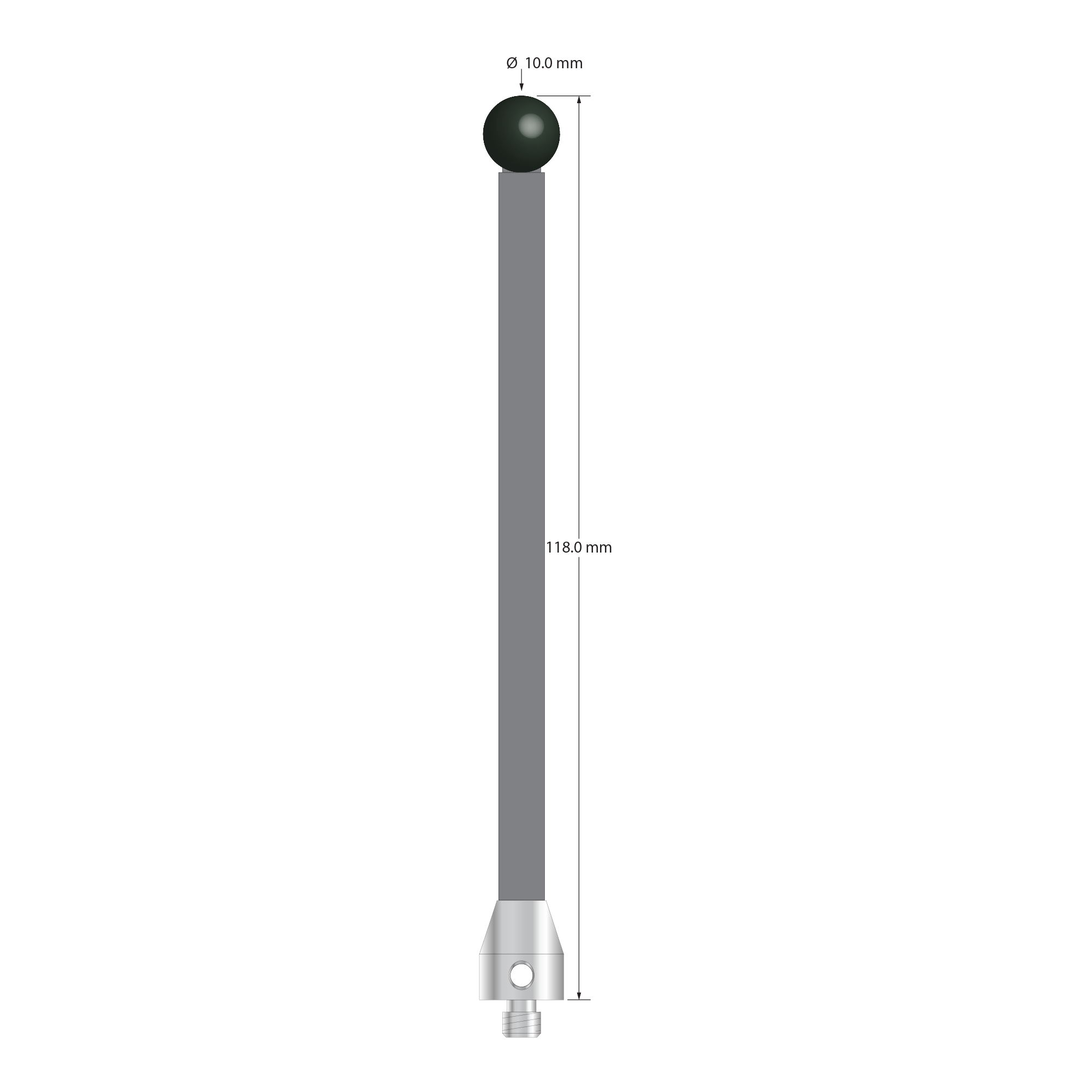 Low weight M5 stylus with 10.0 mm diameter silicon nitride ball, 6.0 mm diameter Therm-X carbon fiber stem, and 11.0 mm diameter x 13.0 mm long titanium base. Overall stylus length is 118.0 mm. Stylus weight is 9.46 grams. Compare to Zeiss 626105-1021-118.