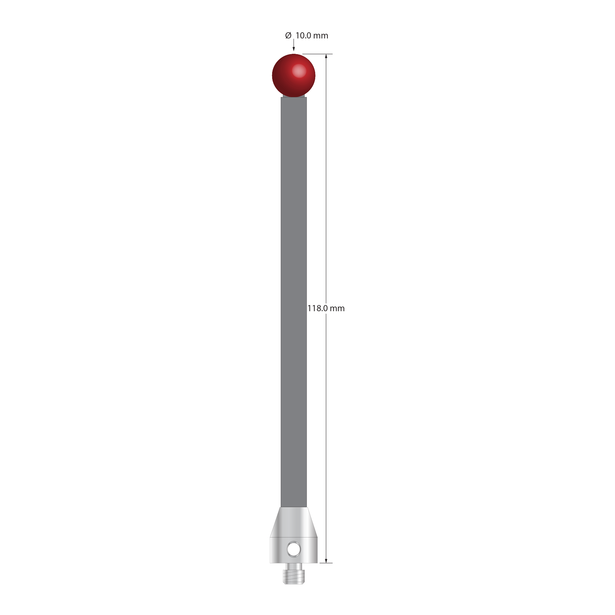 Low weight M5 stylus with 10.0 mm diameter ruby ball, 6.0 mm diameter Therm-X carbon fiber stem, and 11.0 mm diameter x 13.0 mm long titanium base. Overall stylus length is 118.0 mm. Stylus weight is 9.46 grams. Compare to Zeiss 626105-1020-118.