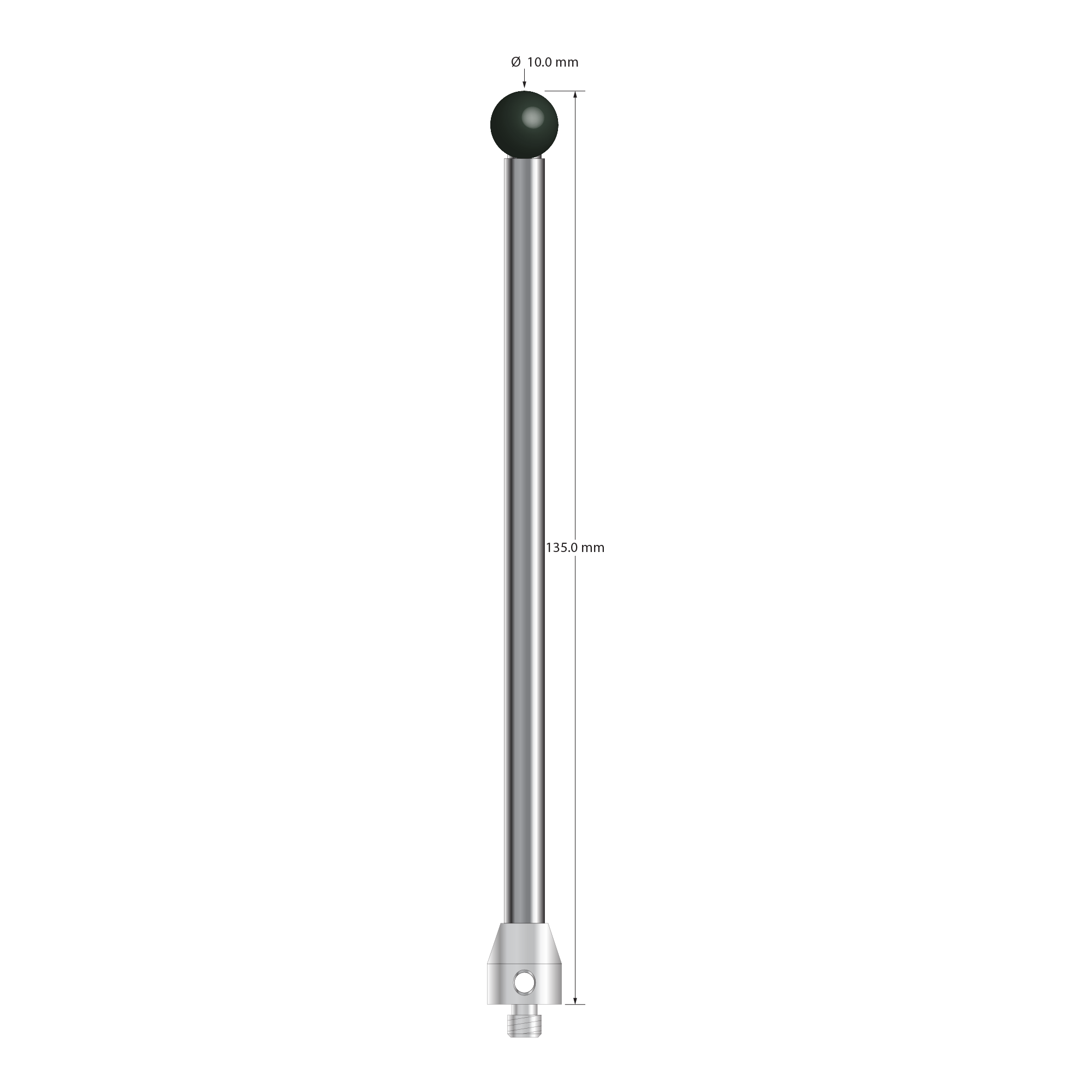 M5 stylus with 10.0 mm diameter silicon nitride ball, 6.0 mm diameter carbide stem, and 11.0 mm diameter x 12.0 mm long stainless steel base. Overall stylus length is 135.0 mm. Stylus weight is 55.87 grams. Compare to Zeiss 626105-1025-135.