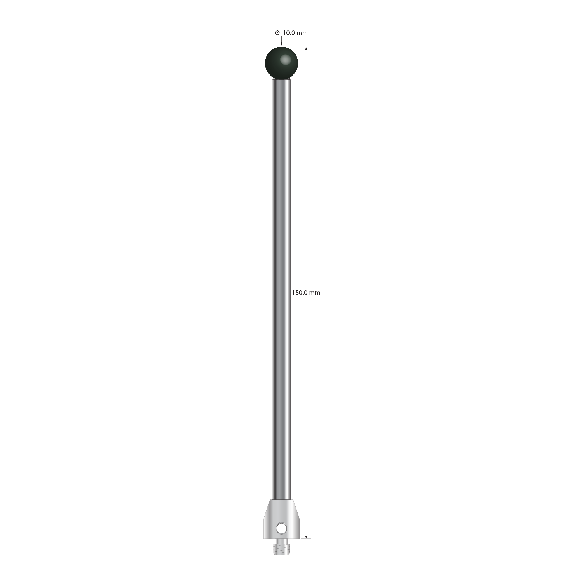 M5 stylus with 10.0 mm diameter silicon nitride ball, 6.0 mm diameter carbide stem, and 11.0 mm diameter x 12.0 mm long stainless steel base. Overall stylus length is 150.0 mm. Stylus weight is 61.98 grams.