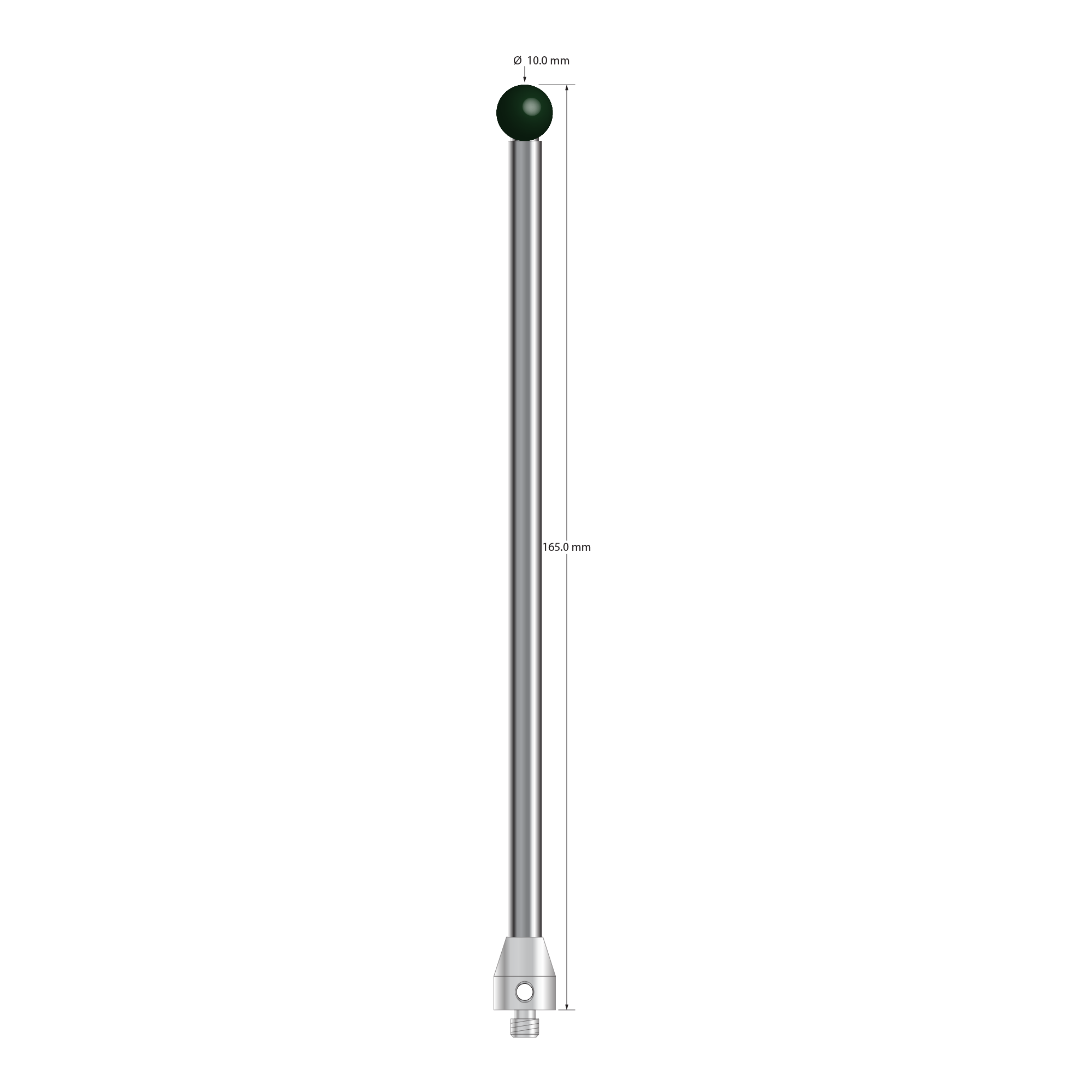 M5 stylus with 10.0 mm silicon nitride ball, 6.0 mm diameter carbide stem, and 11.0 mm diameter x 13.0 mm long stainless steel base. Overall stylus length is 165.0 mm. Stylus weight is 68.98 grams. Compare to Zeiss 626115-1000-165.