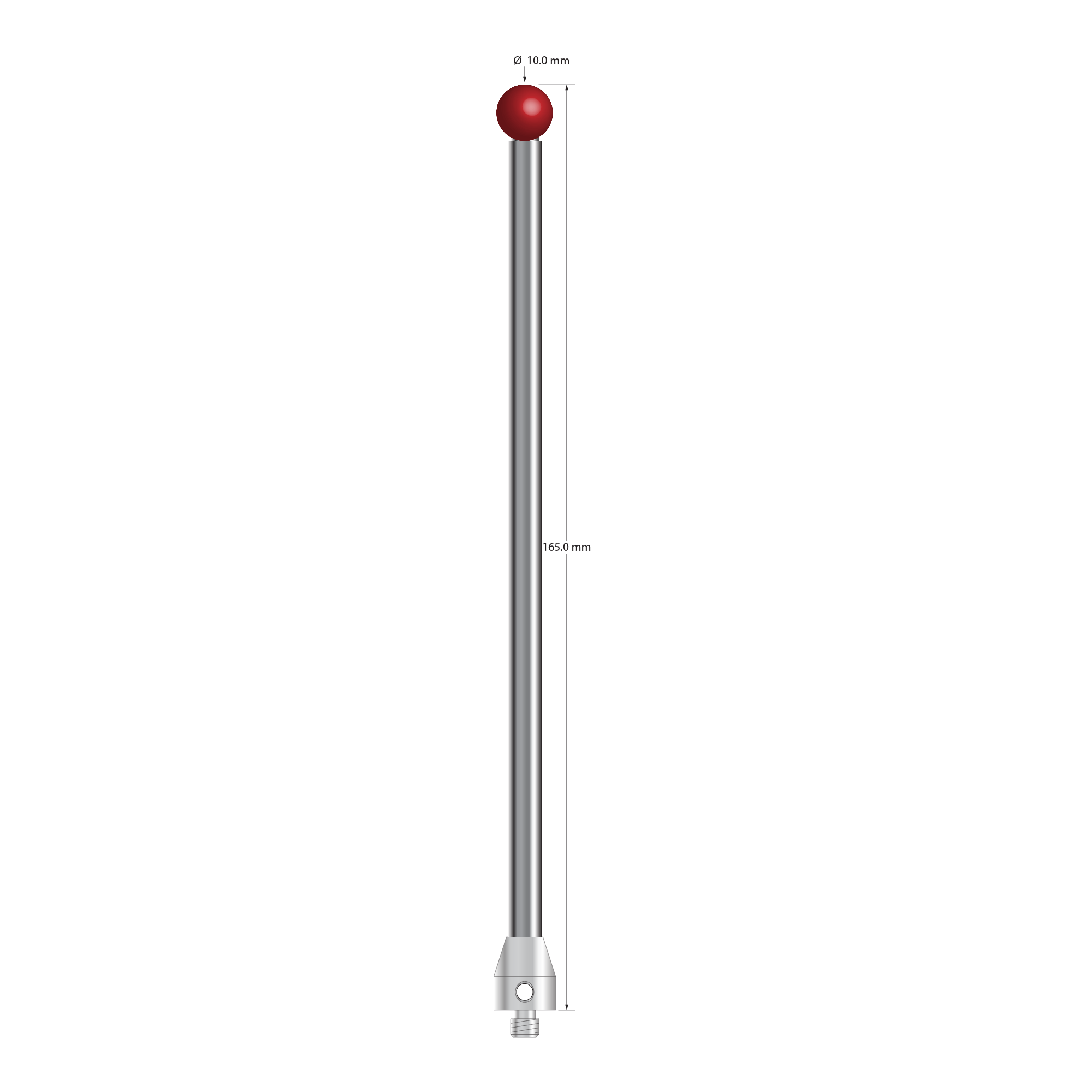 M5 stylus with 10.0 mm silicon nitride ball, 6.0 mm diameter carbide stem, and 11.0 mm diameter x 13.0 mm long stainless steel base. Overall stylus length is 165.0 mm. Stylus weight is 68.98 grams. Compare to Zeiss 626105-1024-165.