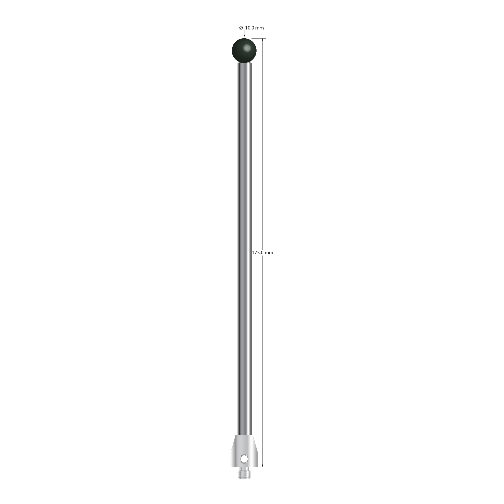 M5 stylus with 10.0 mm diameter silicon nitride ball, 6.0 mm diameter carbide stem, and 11.0 mm diameter x 13.0 mm long stainless steel base. Overall stylus length is 175.0 mm. Stylus weight is 73.05 grams. Compare to Zeiss 626105-1025-175.