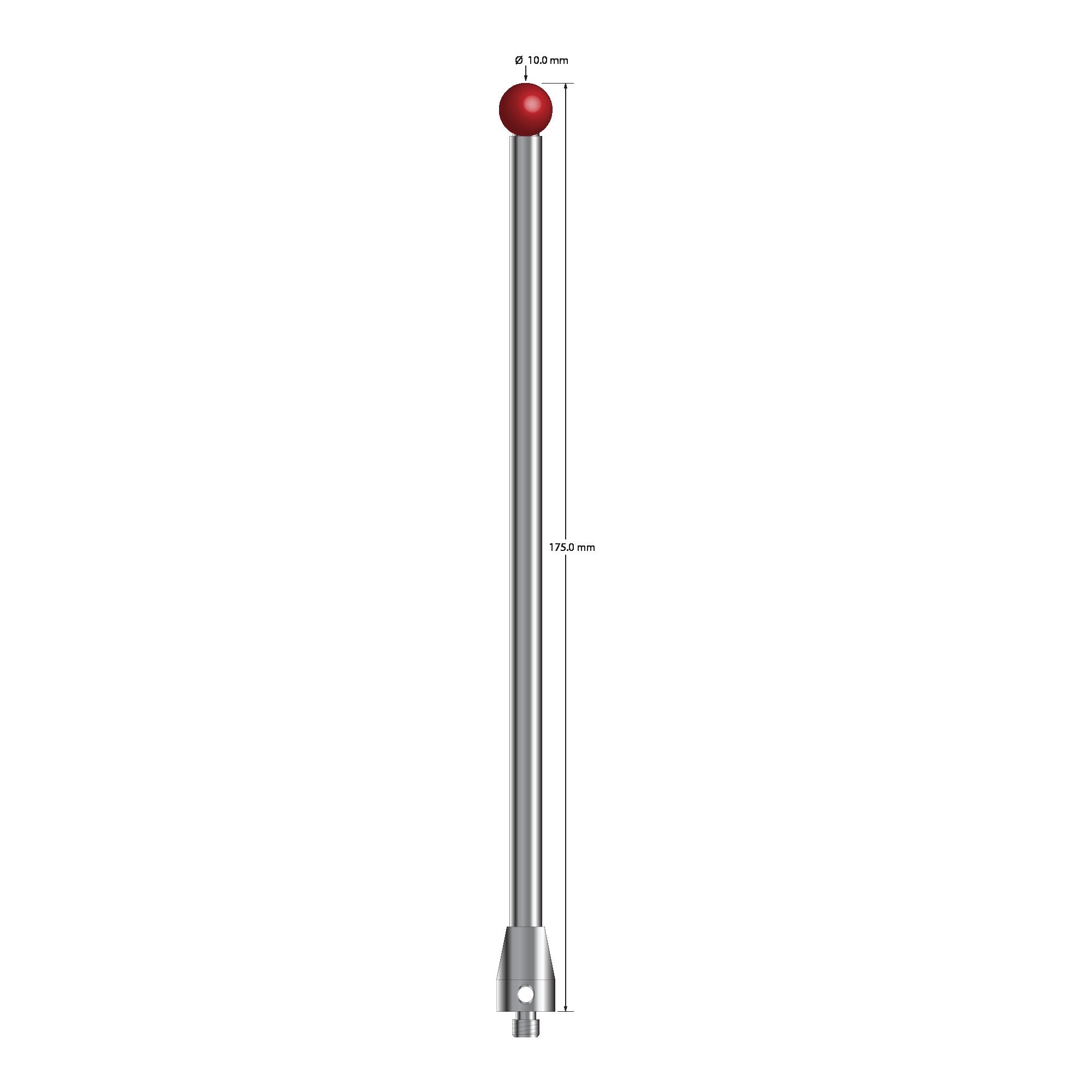 ATG-100175 M5 stylus with 10mm ruby ball, carbide stem, and stainless steel base, 175mm long.