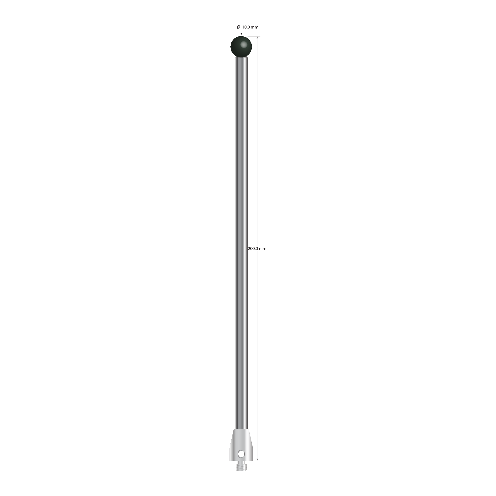 M5 stylus with 10.0 mm diameter silicon nitride ball, 6.0 mm diameter carbide stem, and 11.0 mm diameter x 15.0 mm long stainless steel base. Overall stylus length is 200.0 mm. Stylus weight is 83.23 grams. Compare to Zeiss 626115-1000-200.