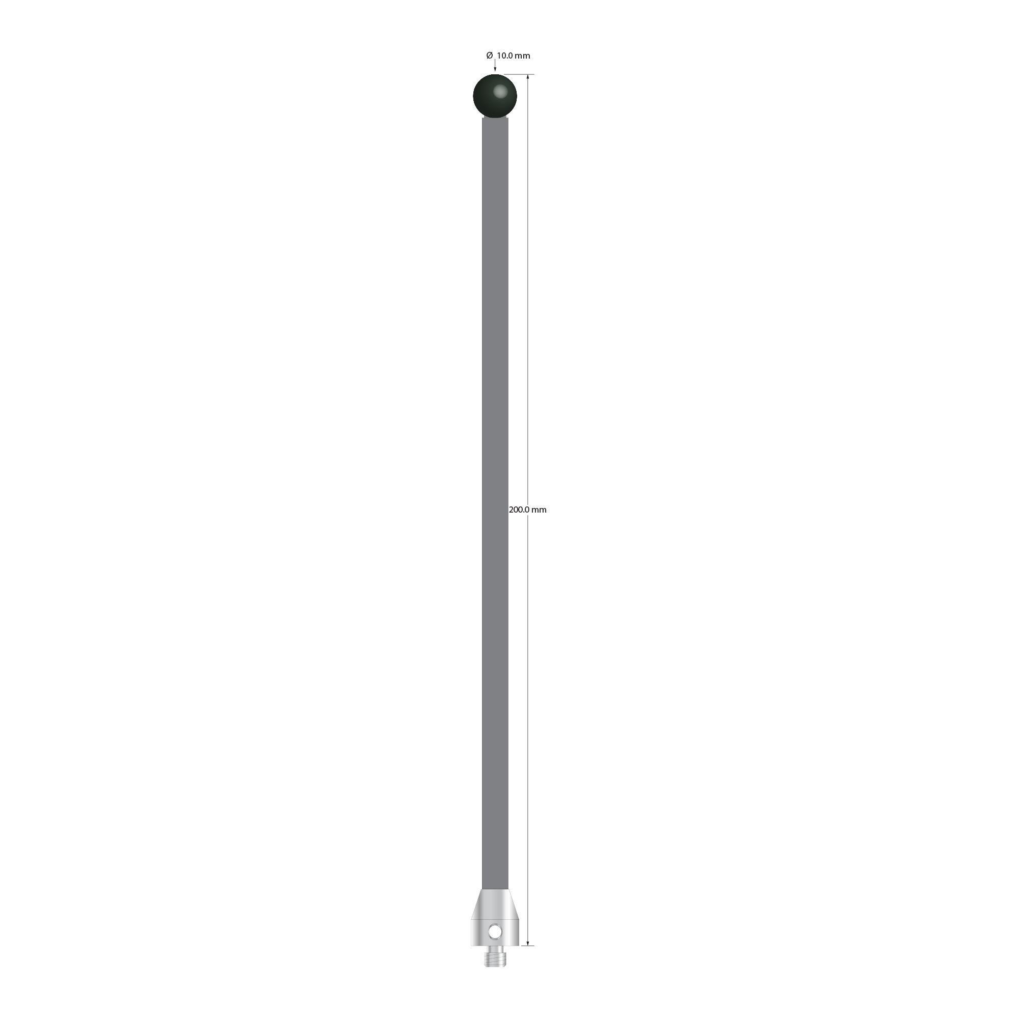 Low weight M5 stylus with 10.0 mm diameter silicon nitride ball, 6.0 mm diameter Therm-X carbon fiber stem, and 11.0 mm diameter x 13.0 mm long titanium base. Overall stylus length is 200.0 mm. Stylus weight is 13.06 grams. Compare to Zeiss 626105-1021-200.
