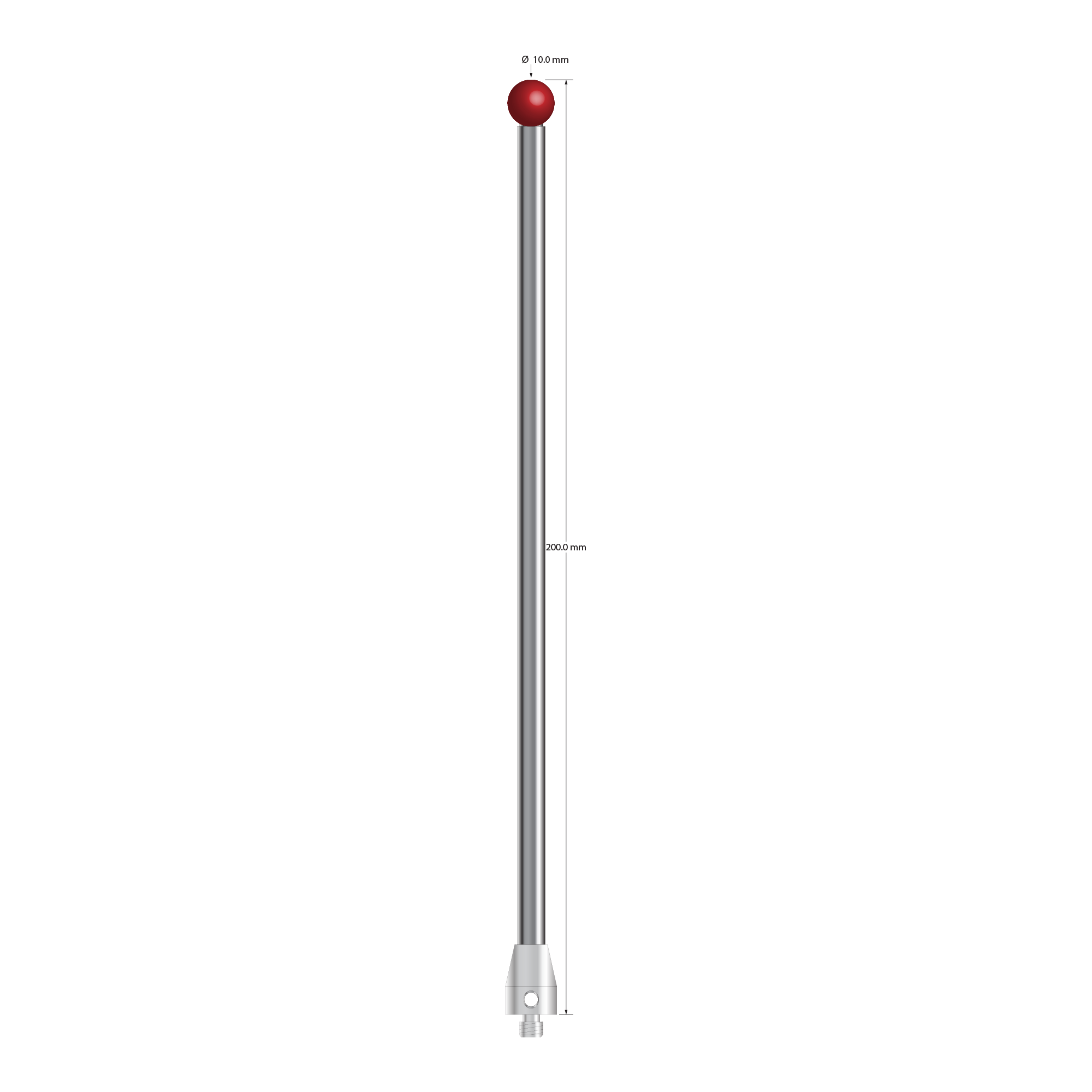 M5 stylus with 10.0 mm diameter ruby ball, 6.0 mm diameter carbide stem, and 11.0 mm diameter x 15.0 mm long stainless steel base. Overall stylus length is 200.0 mm. Stylus weight is 83.23 grams.