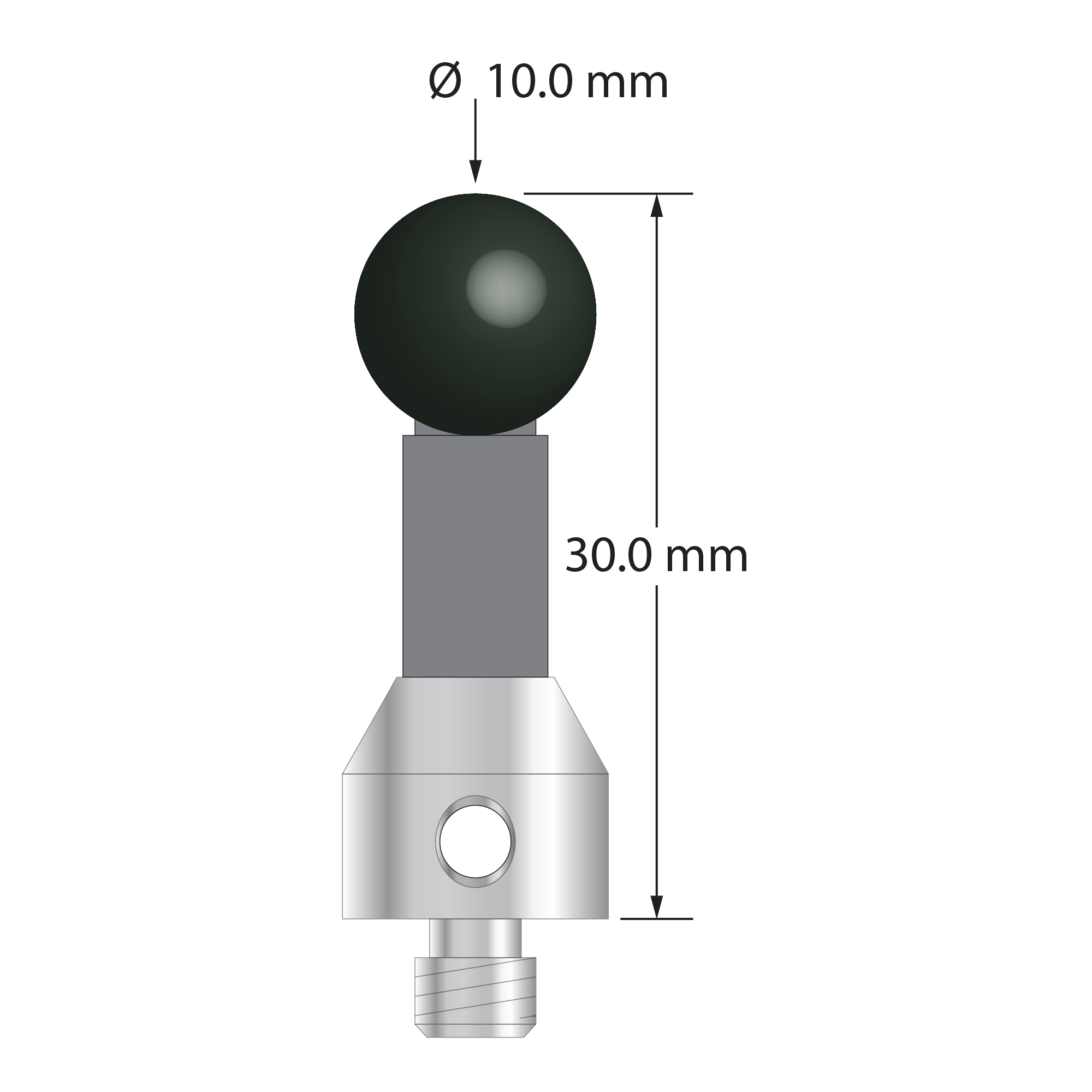 M5 Therm-X stylus with 10.0 mm diameter silicon nitride ball, 6.0 mm diameter carbon fiber stem, and 11.0 mm diameter x 10.0 mm long titanium base. Overall stylus length is 30.0 mm. Stylus weight is 5.21 grams.