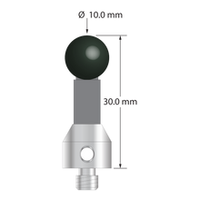 M5 Therm-X stylus with 10.0 mm diameter silicon nitride ball, 6.0 mm diameter carbon fiber stem, and 11.0 mm diameter x 10.0 mm long titanium base. Overall stylus length is 30.0 mm. Stylus weight is 5.21 grams.