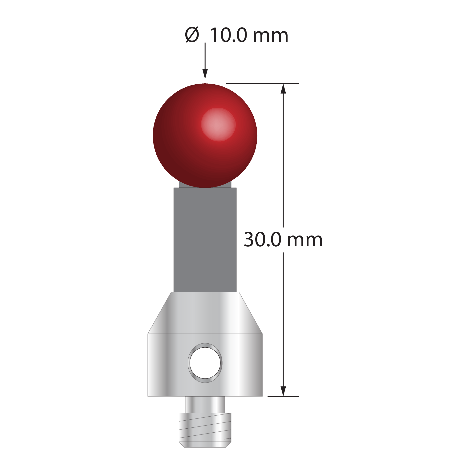 M5 Therm-X stylus with 10.0 mm diameter ruby ball, 6.0 mm diameter carbon fiber stem, and 11.0 mm diameter x 10.0 mm long titanium base. Overall stylus length is 30.0 mm. Stylus weight is 5.21 grams. Compare to Zeiss 626105-1020-030.
