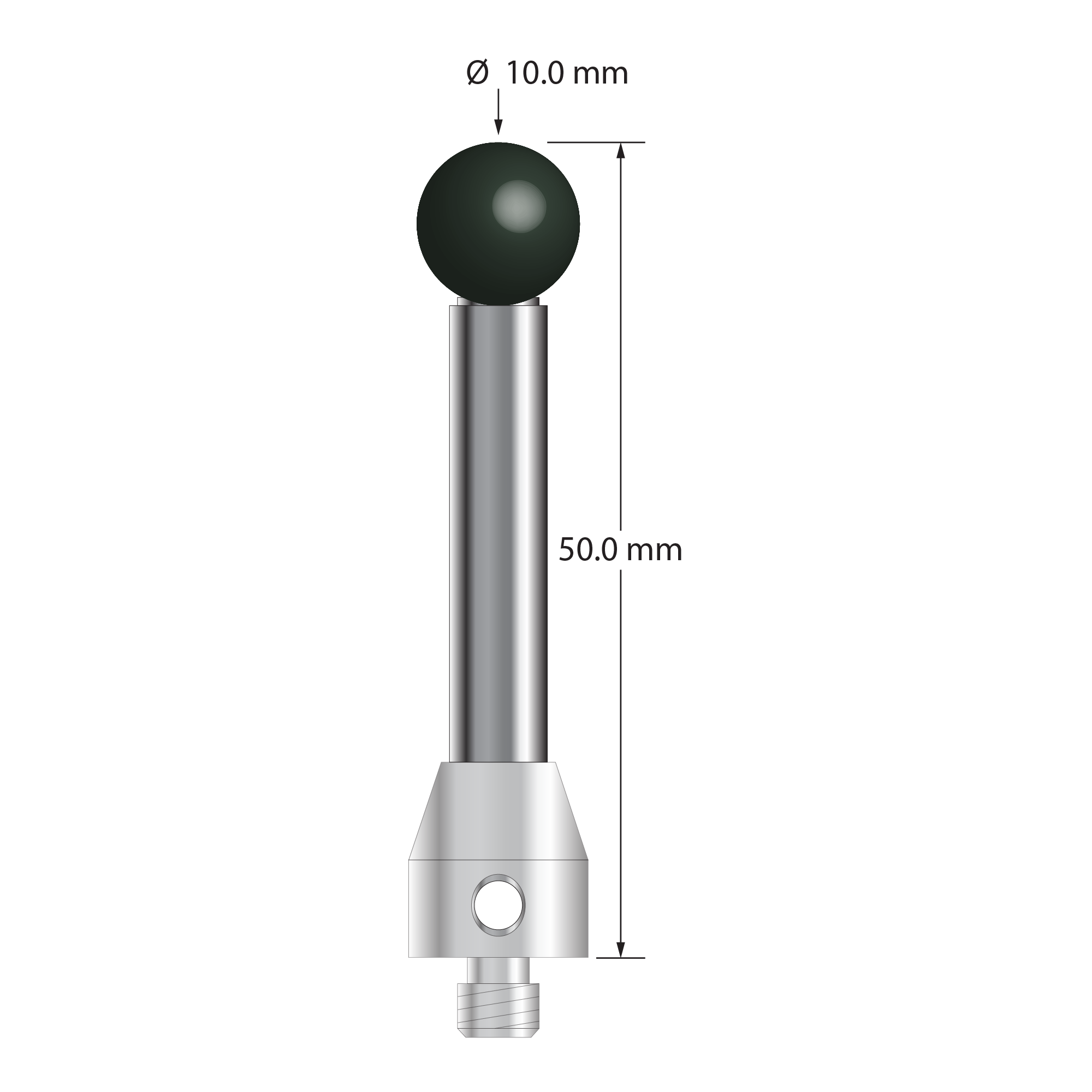M5 stylus with 10.0 mm diameter silicon nitride ball, 6.0 mm diameter carbon fiber stem, and 11.0 mm diameter x 12.0 mm long stainless steel base. Stylus length to ball center is 50.0 mm. Stylus weight is 21.25 grams. Compare to Zeiss 626105-1025-050.