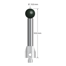 M5 stylus with 10.0 mm diameter silicon nitride ball, 6.0 mm diameter carbon fiber stem, and 11.0 mm diameter x 12.0 mm long stainless steel base. Stylus length to ball center is 50.0 mm. Stylus weight is 21.25 grams. Compare to Zeiss 626105-1025-050.