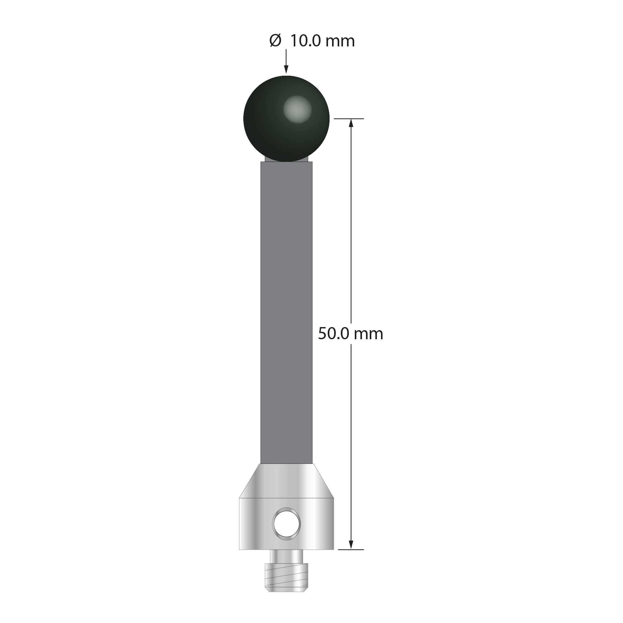 M5 stylus with 10.0 mm diameter silicon nitride ball, 6.0 mm diameter carbon fiber stem, and 11.0 mm diameter x 10.0 mm long stainless steel base. Stylus length to ball center is 50.0 mm. Stylus weight is 8.77 grams.