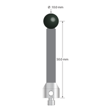 M5 stylus with 10.0 mm diameter silicon nitride ball, 6.0 mm diameter carbon fiber stem, and 11.0 mm diameter x 10.0 mm long stainless steel base. Stylus length to ball center is 50.0 mm. Stylus weight is 8.77 grams.