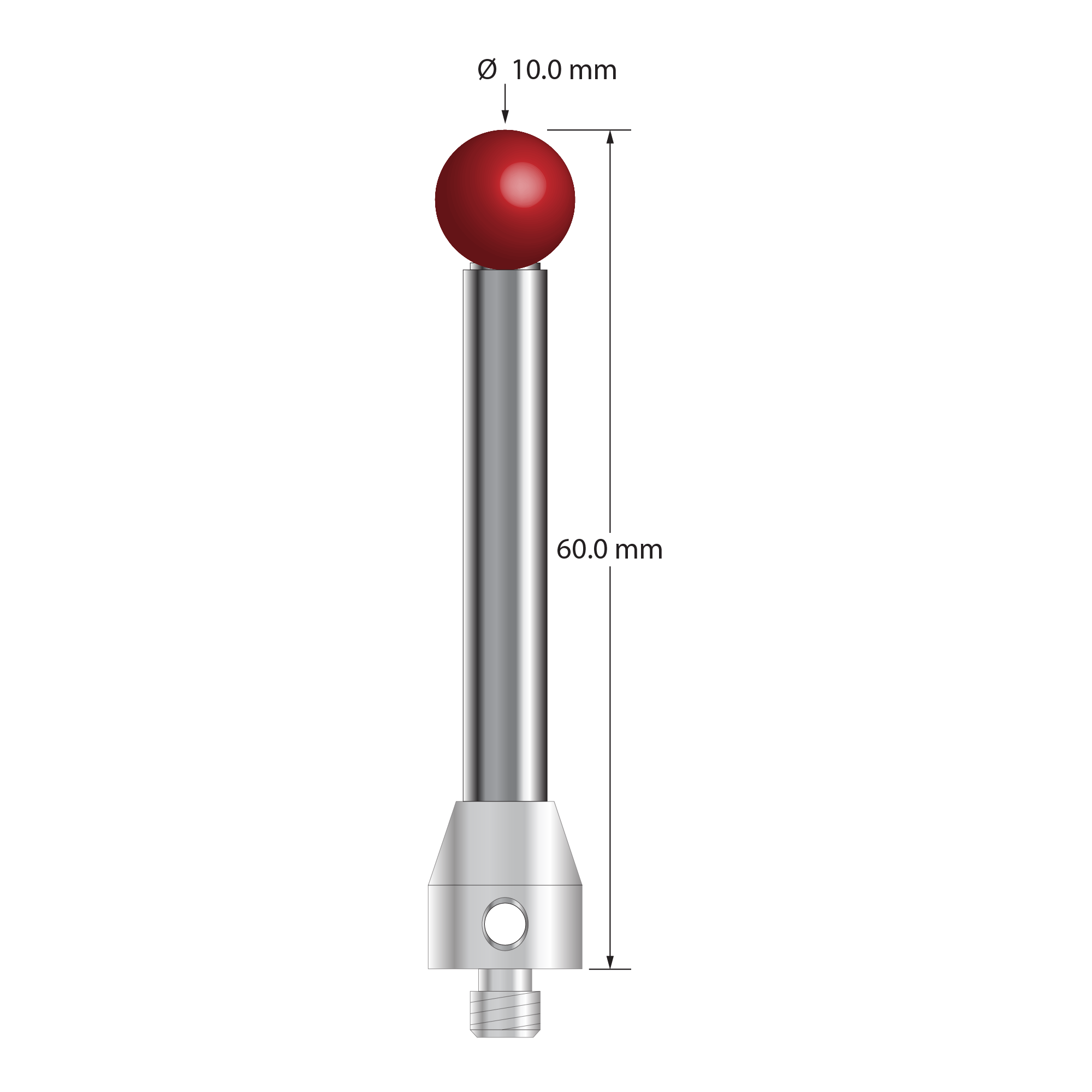 M5 stylus with 10.0 mm diameter ruby ball, 6.0 mm diameter carbide stem, and 11.0 mm diameter x 12.0 mm long stainless steel base. Overall stylus length is 60.0 mm. Stylus weight is 25.32 grams. Compare to Zeiss 626105-1024-060.
